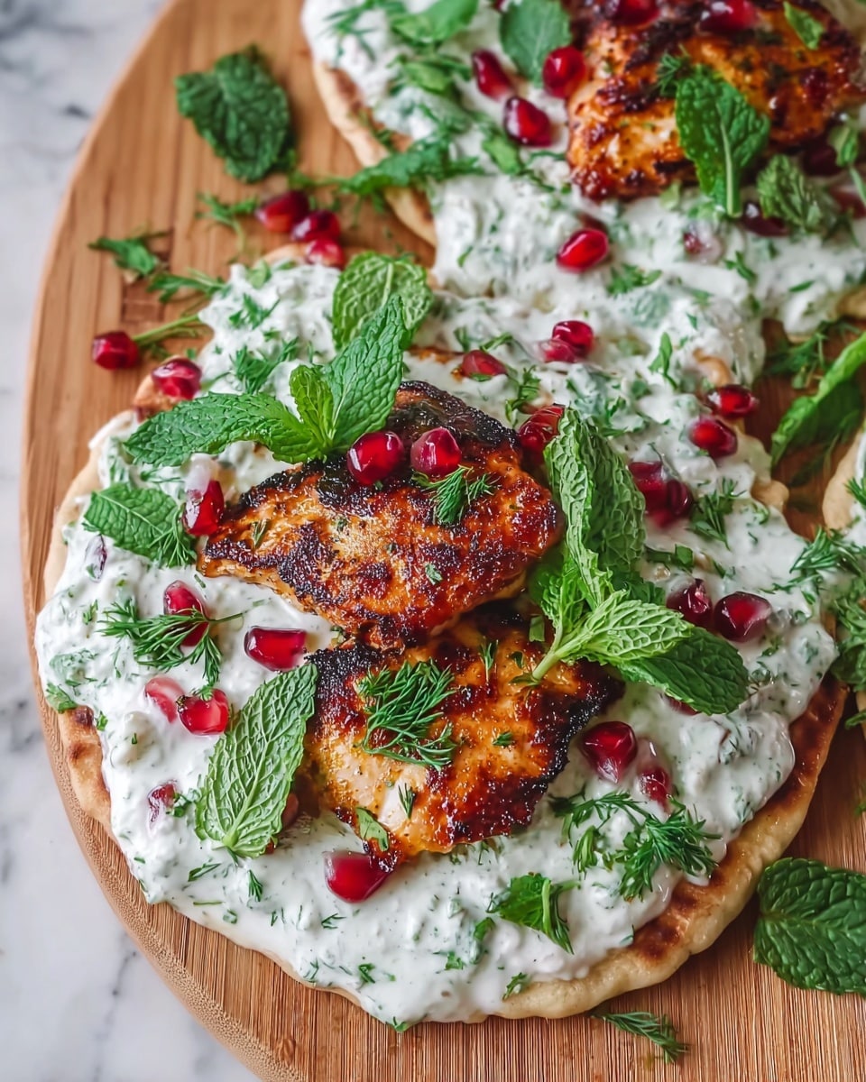 The image shows a flat round bread base topped with a thick spread of white creamy sauce speckled with green herbs. On top of the sauce, there are two grilled brown pieces with a charred, slightly crispy texture. Scattered over the grilled pieces are small, shiny, red pomegranate seeds. Around the edges and on top of the toppings, there are fresh green leaves of various types, including mint and parsley, adding bright green contrast. The dish is placed on a wooden board which is replaced here with a white marbled surface. Photo taken with an iphone --ar 4:5 --v 7