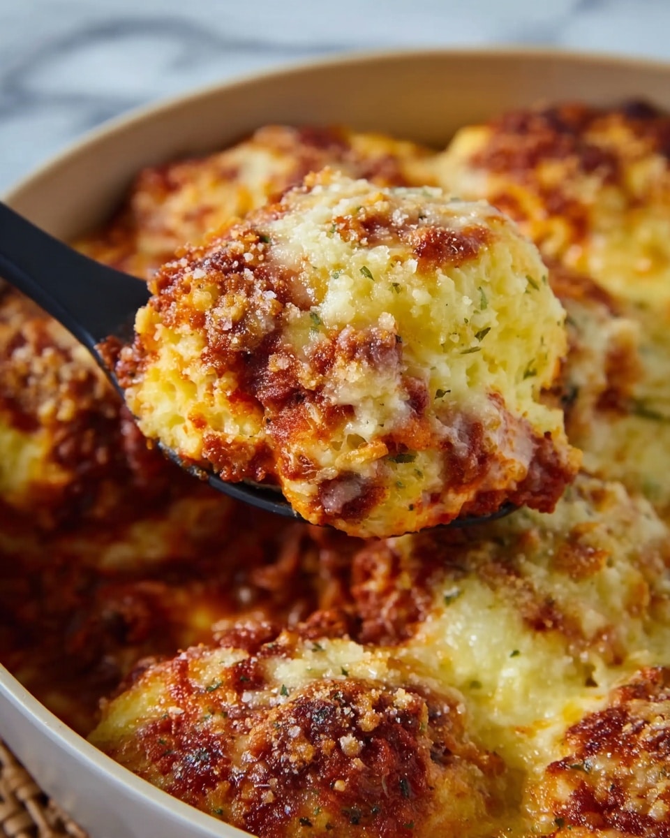 A round black pan holds a baked dish with six large, unevenly shaped servings. Each serving has a bottom layer of deep red tomato sauce, topped with thick melted cheese that is golden brown in parts, and sprinkled with a crumbly, light tan topping. The cheese is stringy and stretches slightly where one serving is being lifted by a large dark blue spoon. The pan sits on a woven straw mat over a white marbled surface. Photo taken with an iphone --ar 4:5 --v 7