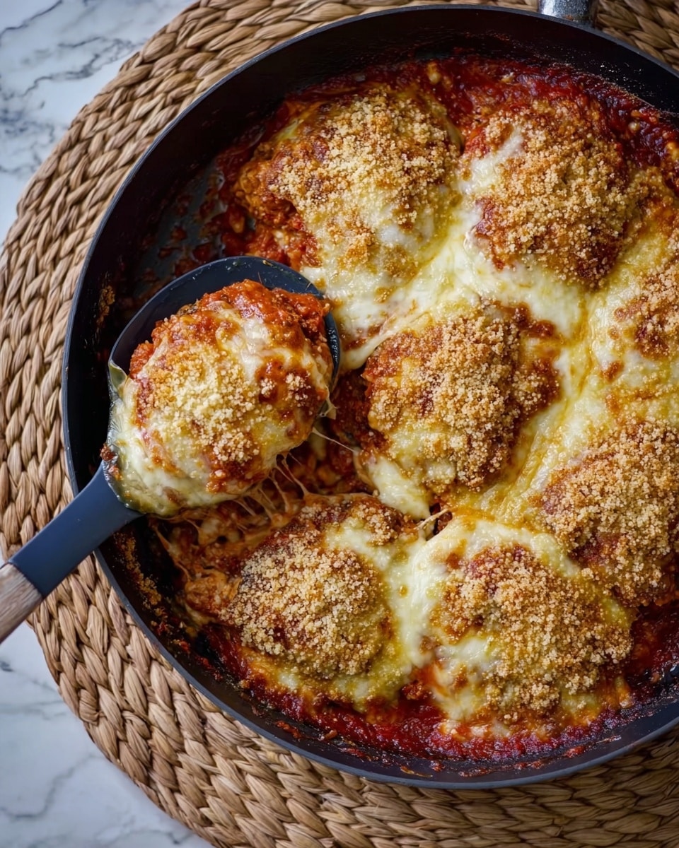 A close-up view shows one round piece of casserole being lifted by a black spoon from a white dish filled with similar browned and crispy round casserole portions. Each piece has a top layer of golden-brown melted cheese with a crumbly, slightly rough texture. Below the cheese, a rich reddish sauce is visible, while the base inside the dish has a thicker layer of dark red sauce showing through. The dish sits on a white marbled surface. photo taken with an iphone --ar 4:5 --v 7
