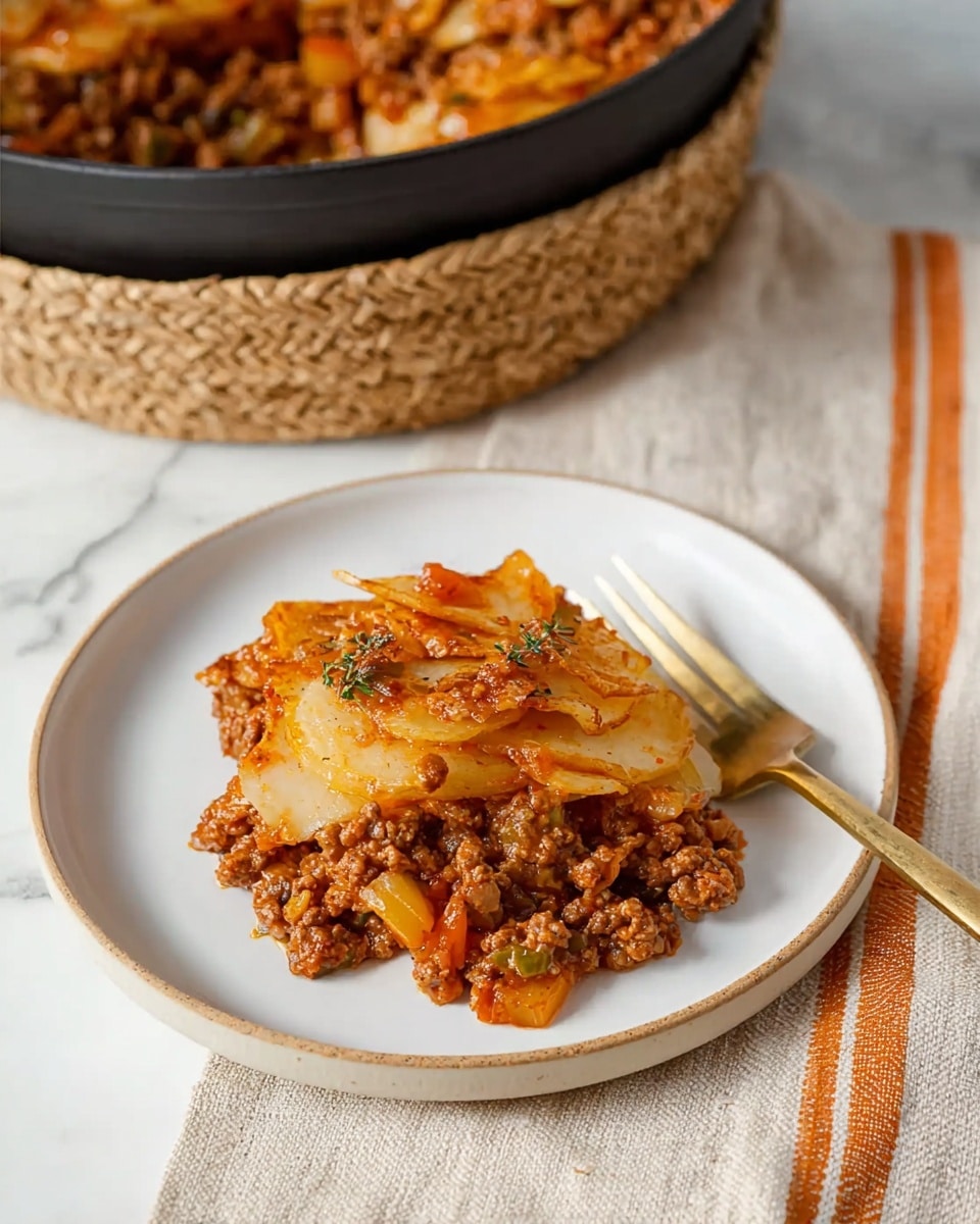 A simple white plate holds a layered dish with two main parts: at the bottom, thin, slightly crispy potato slices with a golden-brown edge, and on top, a thick, chunky layer of cooked ground meat mixed with small pieces of vegetables and herbs, all coated in a reddish-brown sauce. The plate sits on a white marbled surface with a folded beige cloth with orange stripes to the right side and a brass fork lifting a mix of the potato and meat layers. Behind the plate, part of a black pot woven with natural fiber is visible, showing more of the saucy meat mixture inside. Photo taken with an iphone --ar 4:5 --v 7