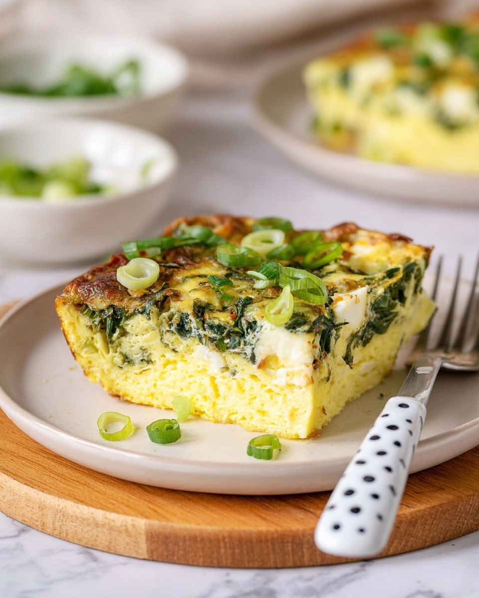 A square piece of baked egg dish with two visible layers sits on a white plate placed on a wooden board over a white marbled surface. The bottom layer is thick and yellow, smooth with a slightly firm texture like cooked eggs. The top layer is a mix of chopped green leafy vegetables and white cheese or egg bits, with a browned, slightly crispy top sprinkled with thinly sliced green onions. A white and black spotted handle fork rests next to the dish on the plate. In the blurry background, two white bowls with green ingredients and another portion of the dish on a white plate are visible. Photo taken with an iphone --ar 4:5 --v 7