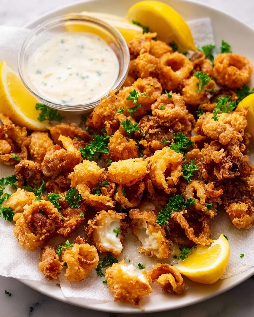 A white paper-lined basket holds a pile of golden-brown, crispy fried calamari pieces with a rough texture and some sprinkled coarse salt on top. On the left side, a white small bowl filled with creamy, pale yellow dipping sauce has one piece of calamari partially dipped in it, held by a woman's hand. Behind the calamari, there are a few fresh green parsley sprigs and two lemon wedges with bright yellow rind and juicy, light yellow flesh. The basket is set on a white marbled surface, creating a clean and fresh background. Photo taken with an iphone --ar 4:5 --v 7