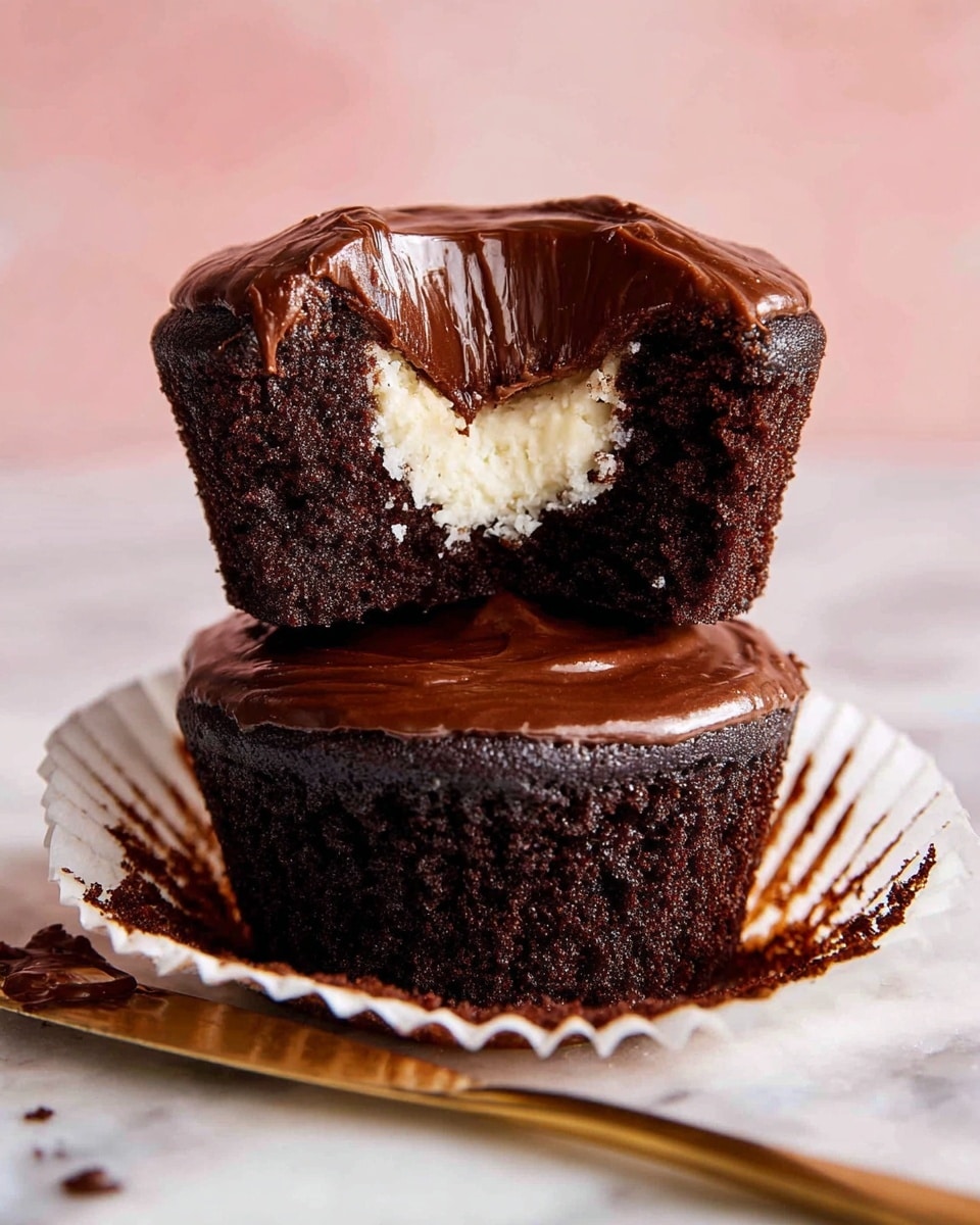 The image shows a rich chocolate cupcake with two layers visible. The bottom layer is a dark, moist chocolate cake sitting in a white cupcake liner spread open around it. On top of this cake is a thick, glossy layer of smooth chocolate frosting. Above this is a second smaller piece of chocolate cake with a bite taken out, revealing a creamy white filling inside. This top piece is also covered with the same shiny chocolate frosting. The background is a soft pink with a white marbled surface underneath. A gold knife with chocolate spread on the blade lies in front of the cupcake. Photo taken with an iphone --ar 4:5 --v 7