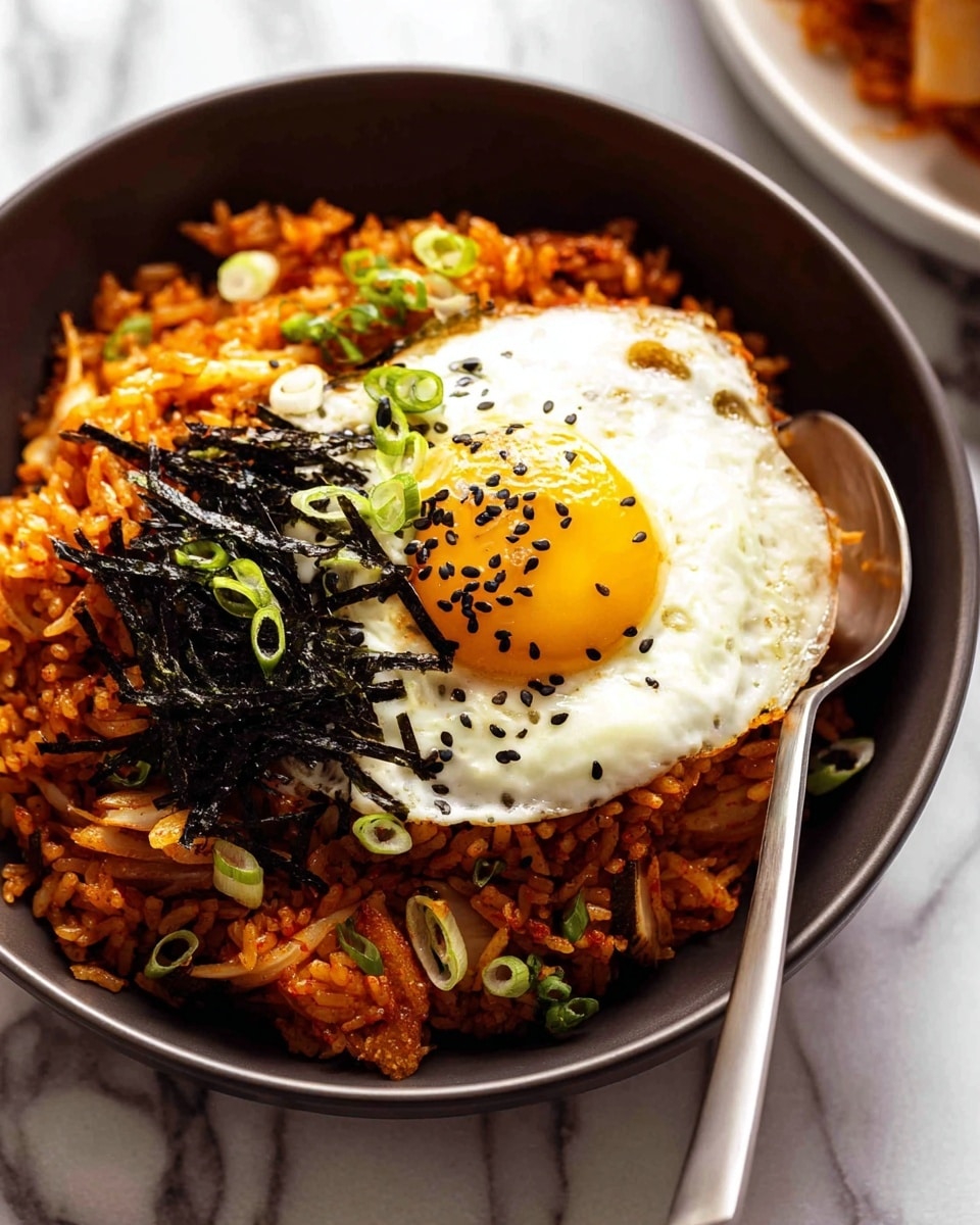 A bowl filled with one main layer of reddish-orange fried rice mixed with small bits of vegetables and bean sprouts, topped with a sunny-side-up egg that has a bright yellow yolk and a white cooked edge. On top of the egg, dark thin strips of seaweed and small green onion slices are scattered along with black sesame seeds. The bowl is dark and round, set on a white marbled surface with a metal spoon resting inside the bowl on the right side. Photo taken with an iphone --ar 4:5 --v 7