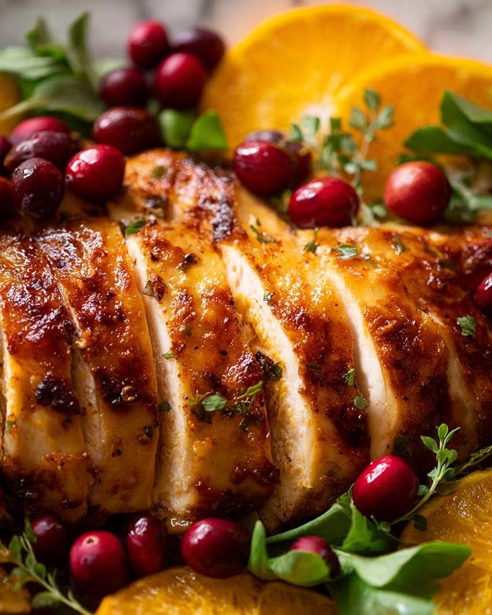 A close-up of sliced roasted chicken breast with golden-brown crispy skin, arranged in the center. Around the chicken, there are bright red cranberries scattered, adding color contrast. Green leafy herbs are placed around the edges, giving a fresh look. In the background, there are orange slices with bright orange color placed on a white marbled surface. The textures of the chicken are juicy and tender with a slightly crispy outside. photo taken with an iphone --ar 4:5 --v 7