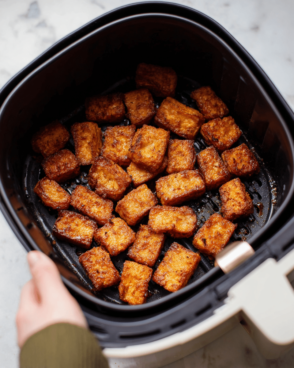 This image shows a close-up of an air fryer basket filled with several small, rectangular and square pieces of crispy, golden-brown fried food. The fried pieces have a crunchy texture with some darker spots where they are more cooked. The pieces are spread evenly inside the black basket that has a textured base for air circulation. In the lower corner, a woman's hand is holding the white outer part of the air fryer against a white marbled surface. Photo taken with an iphone --ar 4:5 --v 7