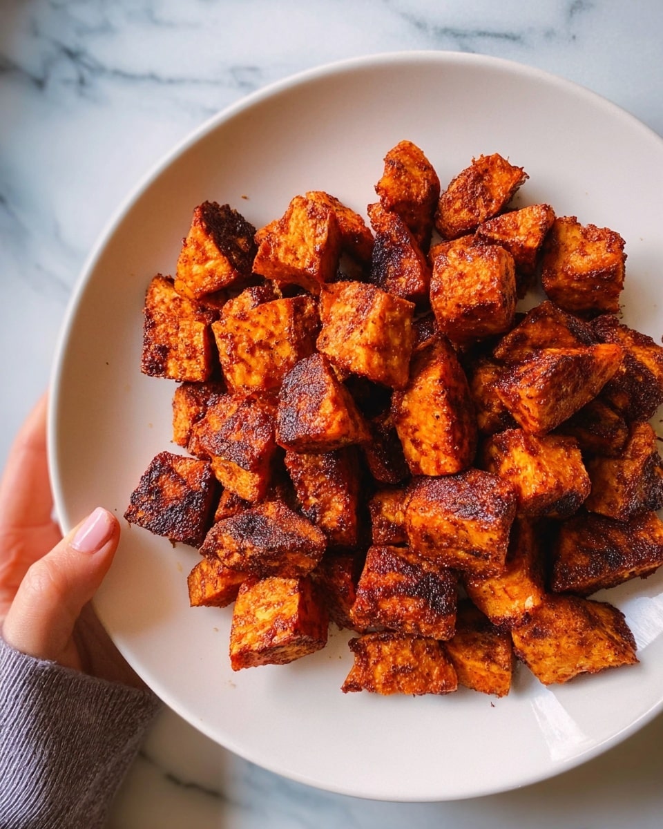 The image shows a white plate full of crispy, roasted sweet potato cubes. The sweet potatoes are cut into uneven small chunks with a dark orange color and a slightly charred, crispy surface. The pieces have a textured coating that looks spicy or seasoned. A woman's hand is holding the edge of the plate, and the background features a white marbled texture. Photo taken with an iphone --ar 4:5 --v 7