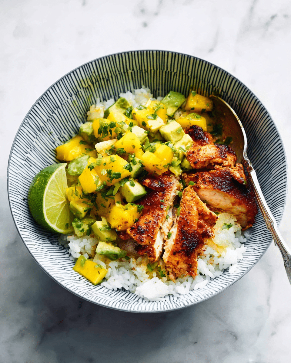 A white bowl with a blue lined pattern holds three layers: the bottom layer is white rice with soft texture, the middle layer is golden-brown grilled chicken with some crispy darker spots, and the top layer is bright yellow mango cubes mixed with chopped green herbs and avocado pieces for a fresh look. A green lime wedge rests on the side near the chicken, and a silver spoon is partially tucked under the chicken on the right side. The bowl is set on a white marbled surface. photo taken with an iphone --ar 4:5 --v 7