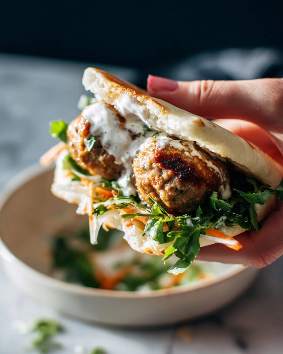 A close-up of a sandwich held by a woman's hand, with three main layers. The top layer is a soft, white flatbread with a light golden brown toasty texture. The middle layer shows two thick, browned meatballs with a coarse, juicy texture, covered partly with white creamy sauce. Beneath the meatballs is a fresh mix of green leafy herbs, thin translucent white onion slices, and bright orange slices of carrot or similar vegetable. The sandwich is above a plain white bowl with bits of herbs scattered inside, all set on a white marbled surface. Photo taken with an iphone --ar 4:5 --v 7