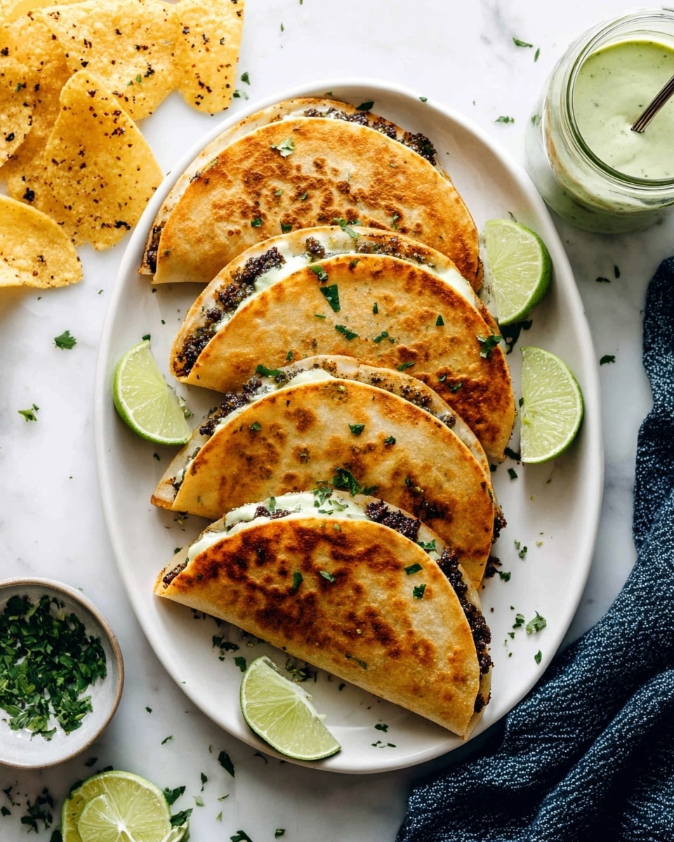 A white oval plate holds five golden brown quesadillas folded in half, each filled with a dark, slightly crumbly mixture visible at the edges, arranged in a slight overlapping row. Small green herb pieces are sprinkled on top of the quesadillas and plate. Three lime wedges rest at the bottom side of the plate. Around the plate on a white marbled surface, there are light yellow tortilla chips with black specks scattered, a clear jar of creamy green sauce with a spoon inside it, some loose green herb leaves, and a dark blue textured cloth partially visible on the right side. photo taken with an iphone --ar 4:5 --v 7