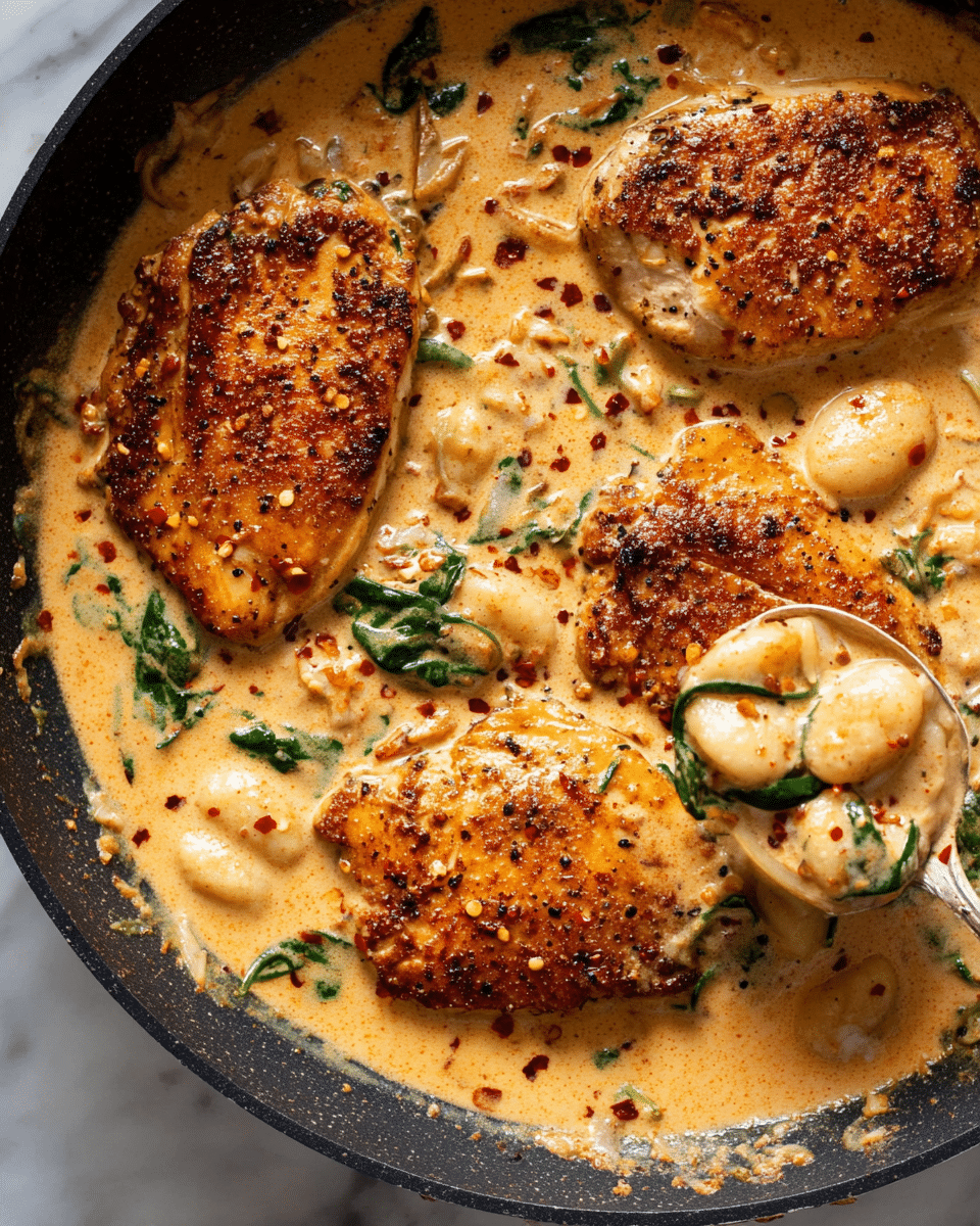 A close-up view inside a black pan filled with a creamy light orange sauce, speckled with red chili flakes and black pepper. There are five browned, seared chicken breasts partially submerged in the thick sauce, showing a crispy golden-brown texture on the exposed parts. The sauce contains small green spinach leaves and thin white strips of onions scattered throughout, with several white gnocchi pieces floating near the chicken. A silver spoon lifts a few gnocchi coated in sauce from the bottom right section of the pan. The background is a white marbled surface. photo taken with an iphone --ar 4:5 --v 7