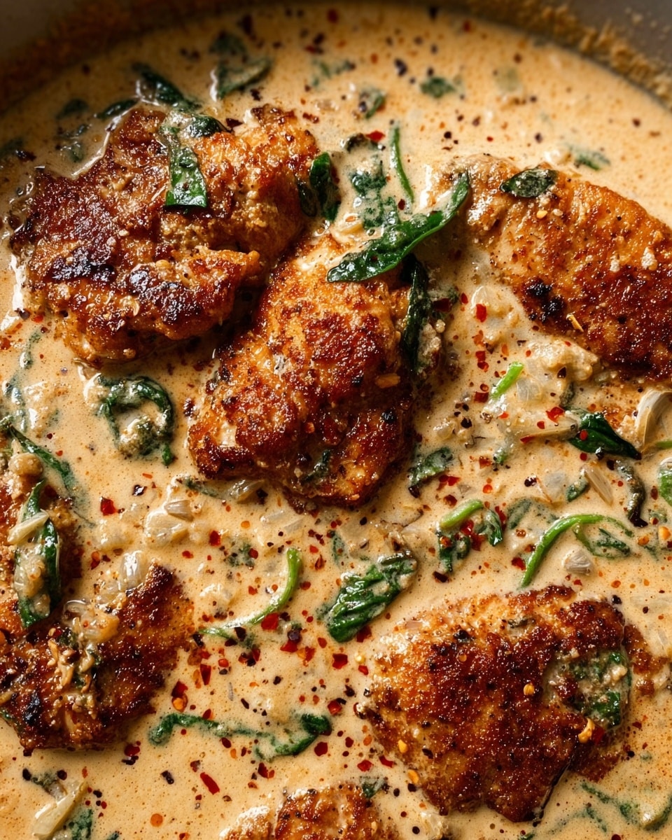 The image shows a close-up of several browned chicken pieces partially submerged in a creamy sauce. The sauce is light beige with visible flecks of black pepper and red chili flakes scattered on top. Small pieces of garlic and chopped green spinach leaves are mixed in the sauce. The chicken has a crispy, dark golden-brown crust with a rough texture. The creamy sauce has a smooth, slightly thick consistency that coats the chicken evenly. The background features a white marbled texture. photo taken with an iphone --ar 4:5 --v 7