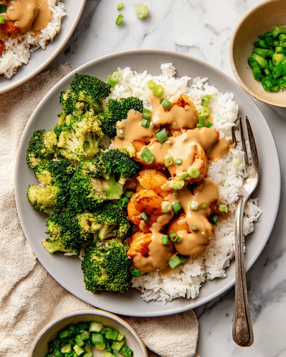 A white plate holds three main layers arranged side by side: bright green broccoli florets on the left, white steamed rice on the right, and golden-brown cooked shrimp in the center. The shrimp is topped with a thick light brown sauce that also drizzles over part of the broccoli and rice, with finely chopped green onion scattered on top. A silver fork is placed on the right edge of the plate, resting lightly on the rice. The plate sits on a white marbled surface with a beige cloth napkin nearby, and around it are small bowls containing more sauce and chopped green onions. Photo taken with an iphone --ar 4:5 --v 7