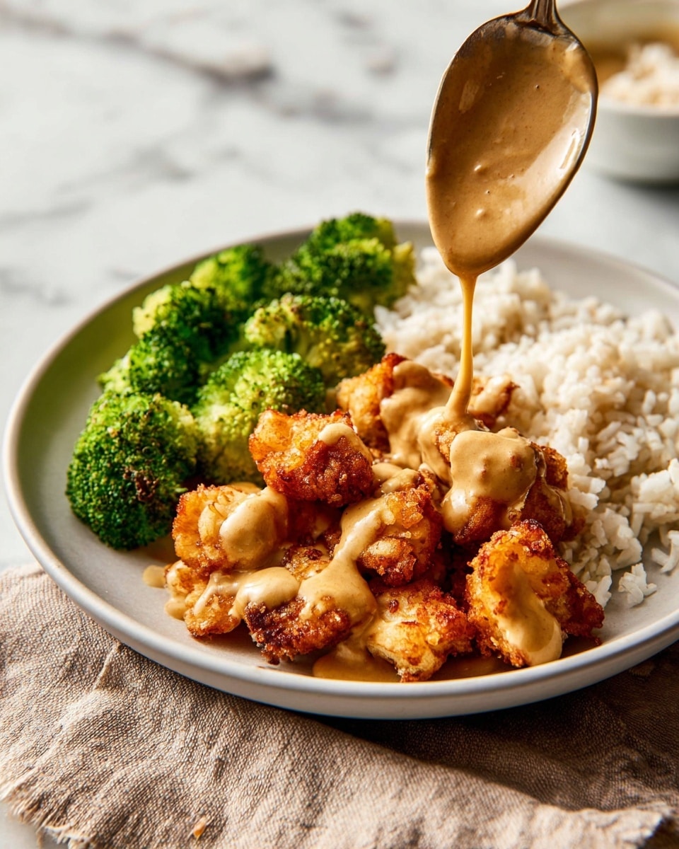 A white plate holds a meal with three parts: on the left, bright green broccoli florets with a fresh, bumpy texture; on the right, a pile of white rice with fluffy, soft grains; in the center and front, golden-brown crispy fried pieces with a rough, crunchy surface. A spoon above is pouring a thick, light brown creamy sauce evenly over the fried pieces. The plate is on a white marbled surface with a light brown cloth napkin nearby. Photo taken with an iphone --ar 4:5 --v 7