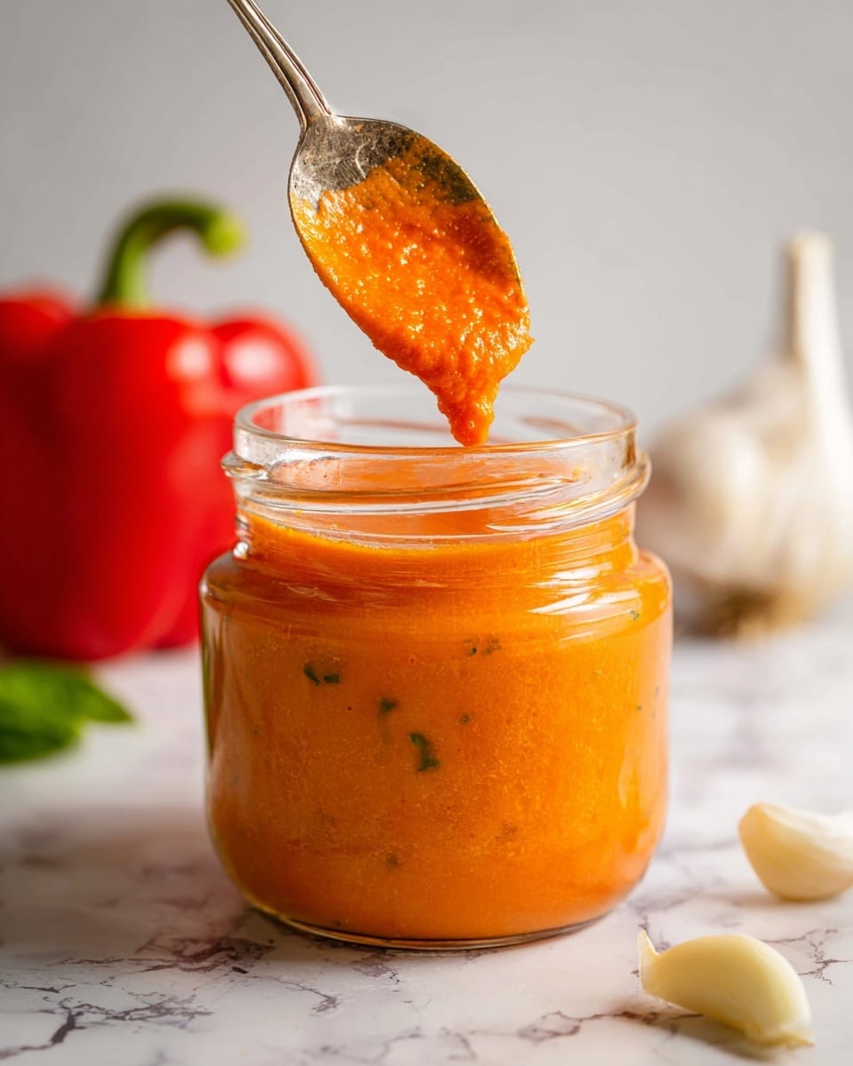 A close-up of a clear glass jar filled with a thick, bright orange sauce that has a slightly chunky texture, visible flecks of green herbs within it, and a smooth shiny surface. A vintage metal spoon above the jar holds a scoop of the sauce, which starts to drip back into it. Behind the jar, a whole red bell pepper and some garlic cloves are slightly blurred on a white marbled surface. The lighting is soft and natural, making the colors look fresh and vibrant. Photo taken with an iphone --ar 4:5 --v 7