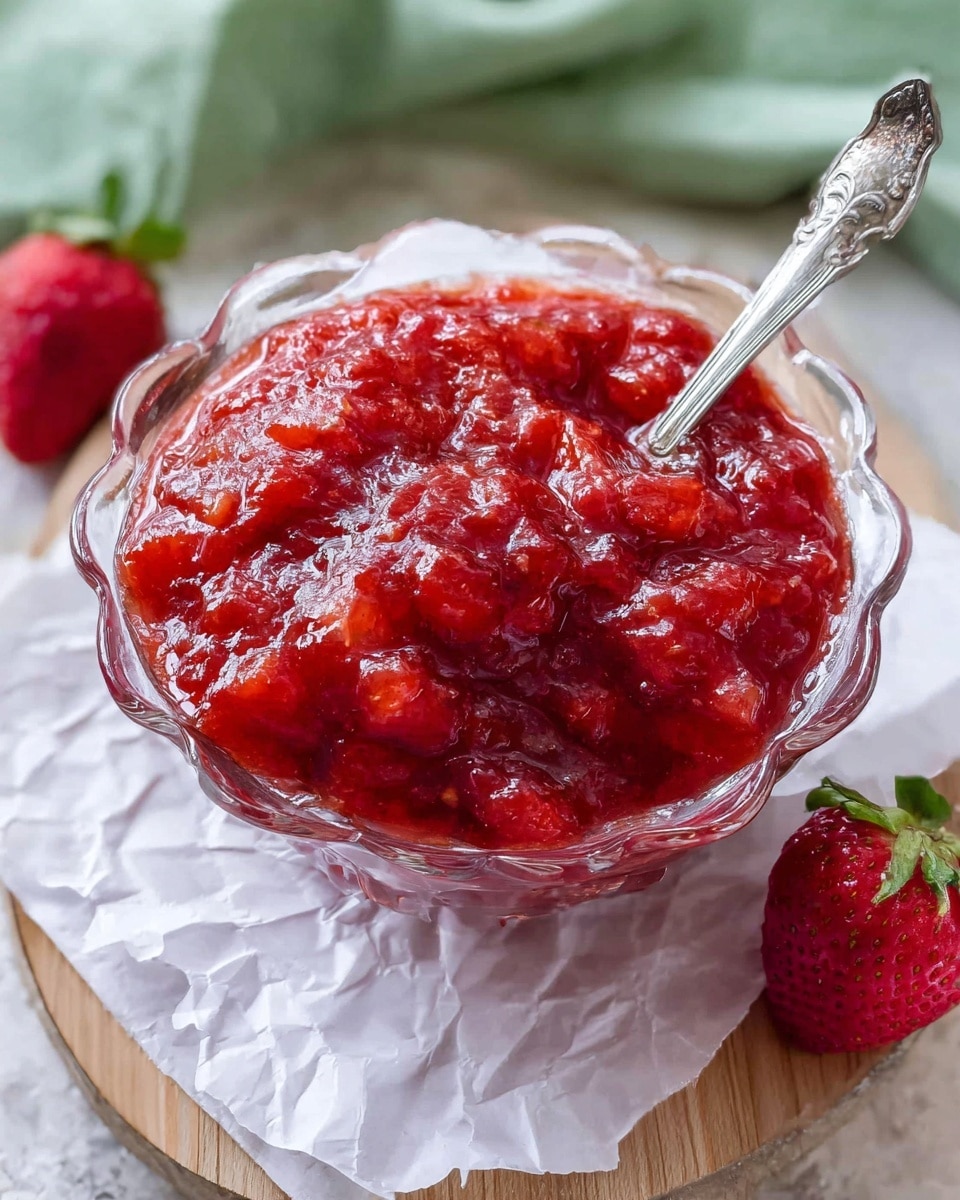 A clear glass bowl with a scalloped edge filled with chunky, bright red strawberry jam that looks glossy and thick, with visible soft pieces of strawberries throughout. The bowl sits on crumpled white parchment paper placed on a light wooden board, next to two fresh red strawberries. A silver spoon with an ornate handle is partially dipped into the jam, resting inside the bowl. The scene is set on a white marbled textured surface with a soft green cloth partially visible to one side. photo taken with an iphone --ar 4:5 --v 7