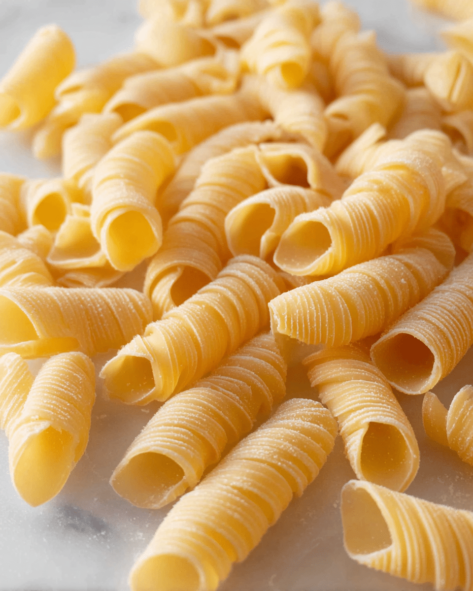 A close-up view showing many pieces of uncooked pasta spread out on a white marbled surface. Each piece is yellow-beige, shaped like short, twisted tubes with deep ridges running along their length, giving them a spiral texture. The pasta pieces vary slightly in shape but all maintain a hollow center visible from both ends. The lighting highlights the smooth, firm texture and subtle details on the pasta's surface. Photo taken with an iphone --ar 4:5 --v 7