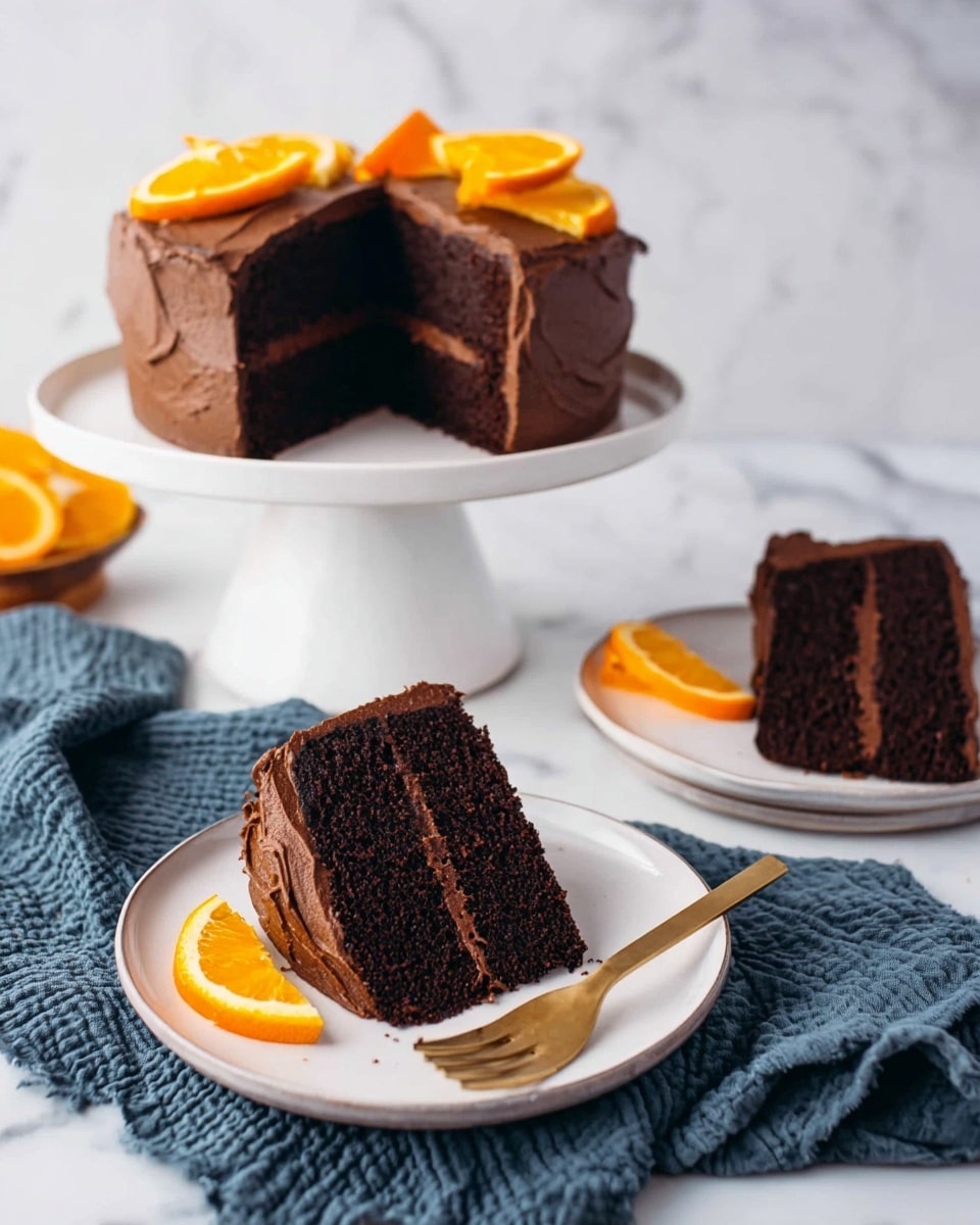 The image shows a two-layer chocolate cake with thick, smooth chocolate frosting covering the whole cake, sitting on a white cake stand. The top is decorated with several bright orange slices. In front of the stand, two slices of the chocolate cake are placed on separate white plates, each slice showing two layers of dark chocolate cake with a thick layer of chocolate frosting in between. One of the plates has a gold fork placed beside the cake slice, and a dark blue textured cloth is spread casually on the white marbled surface beneath the plates. Photo taken with an iphone --ar 4:5 --v 7