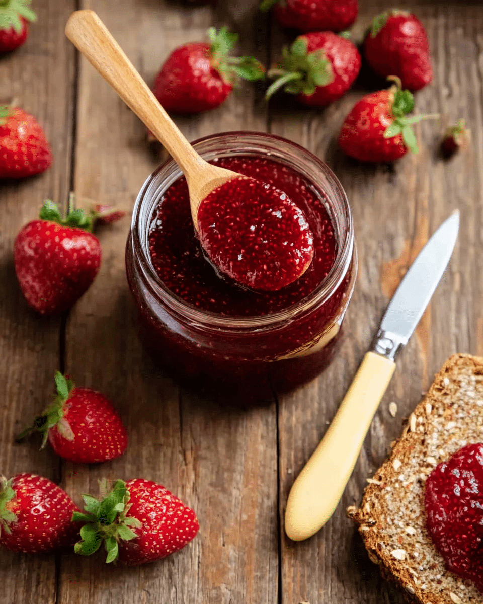 A glass jar filled with deep red strawberry jam is centered on a wooden table, with a wooden spoon placed across the top of the jar holding a generous scoop of the thick jam. Surrounding the jar are fresh, bright red strawberries with green leaves, scattered casually on the table. To the right, there is a slice of multi-grain bread partly in view with a knife resting beside it, featuring a light yellow handle and silver blade. The overall scene shows rich red and natural earthy tones against the wood grain texture of the table, creating a warm and inviting look. photo taken with an iphone --ar 4:5 --v 7