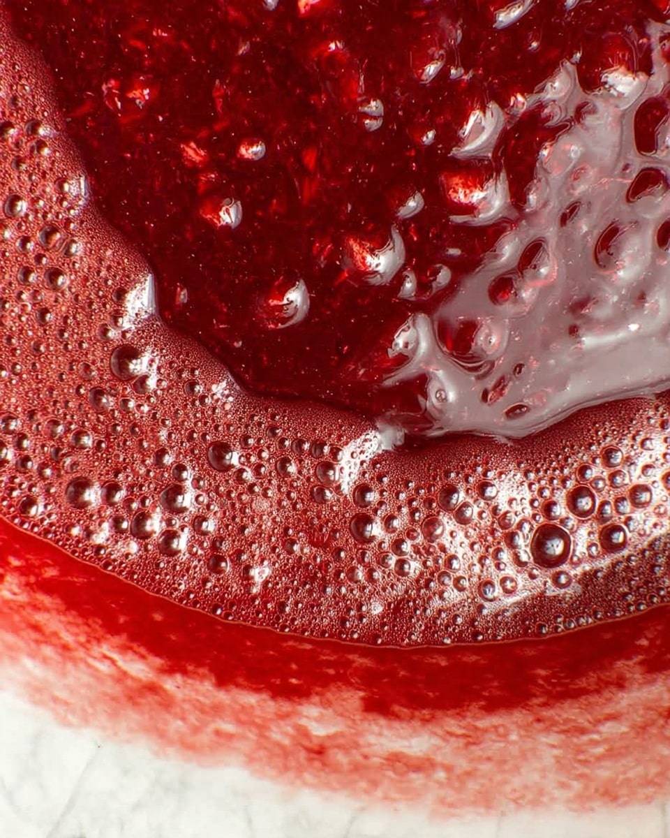 A close-up view of a glossy, deep red mixture bubbling inside a white bowl, showing a thick layer of small fruit pieces suspended in a rich, syrupy liquid, with a foamy layer of frothy bubbles gathering along the rounded edge inside the bowl. The texture looks sticky and smooth, with highlights reflecting light across the shiny surface. The background is a white marbled texture. photo taken with an iphone --ar 4:5 --v 7