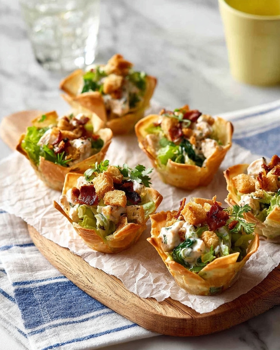 Six bite-sized salad cups are placed on a piece of parchment paper on top of a wooden board, which rests on a white cloth with blue stripes over a white marbled surface. Each cup has a golden, crispy shell shaped like a small basket. Inside, there is a mix of green leafy pieces and chopped chicken or tofu coated in creamy white dressing. On top, there are small crunchy croutons, crispy bacon bits, and a sprinkle of fresh green herbs. The background shows a clear glass of water and a yellow cup, slightly blurred. photo taken with an iphone --ar 4:5 --v 7