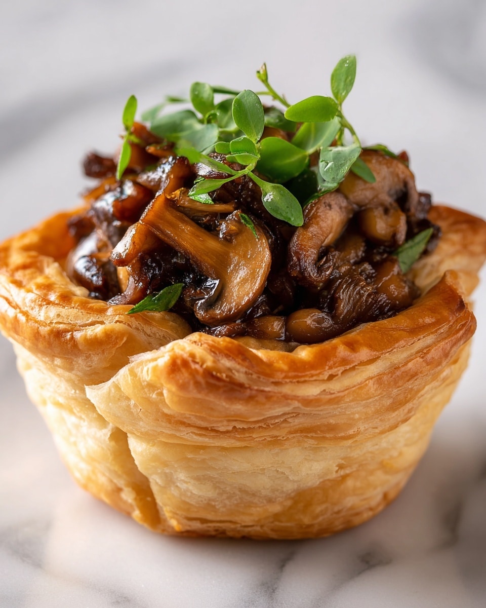 The image shows a puff pastry cup with a golden, flaky, and crisp shell forming one layer. Inside the cup is a filling made up of a rich mix of cooked mushrooms that look glossy and soft, dark brown in color with bits of texture showing. On top of the mushrooms, a fresh green herb sprig lays, adding a fresh touch and a different color contrast. The background is a white marbled texture. photo taken with an iphone --ar 4:5 --v 7