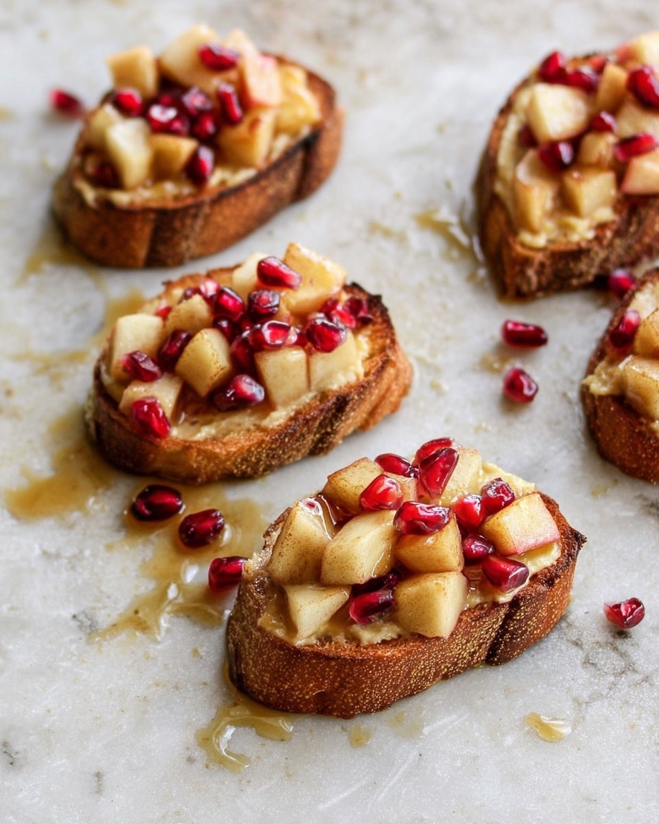 Four slices of crusty bread form the base layer, each thick and golden brown with a slightly rough texture. On top of each slice is a creamy spread that looks smooth and pale yellow. The next layer consists of small chunks of light brown cinnamon-spiced apples, glistening with a syrupy coating, scattered with bright red pomegranate seeds that add a glossy contrast. The slices are placed on a white marbled textured surface, with some syrup dripping around them. photo taken with an iphone --ar 4:5 --v 7