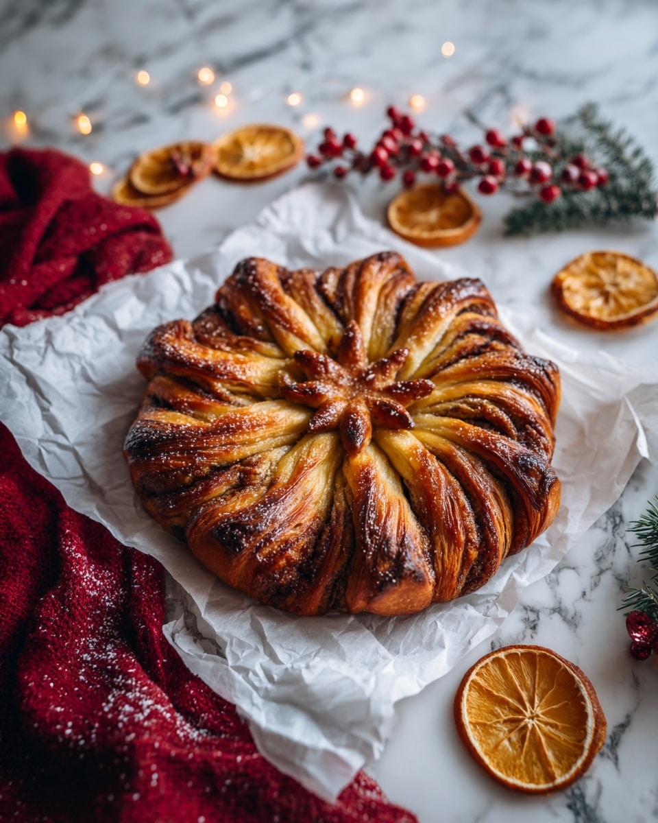The image shows a golden-brown twisted pastry shaped like a flower with multiple layers. The pastry has a core star-shaped center with eight pairs of twisted petals radiating outwards. Each petal alternates between dark brown cinnamon filling and a shiny golden flaky dough, creating a striped effect. The pastry sits on crinkled white parchment paper that rests on a white marbled surface. Around the pastry, there are some dried orange slices and some red berries on a branch, with a soft red cloth nearby. Small warm fairy lights add a cozy feel. Photo taken with an iphone --ar 4:5 --v 7