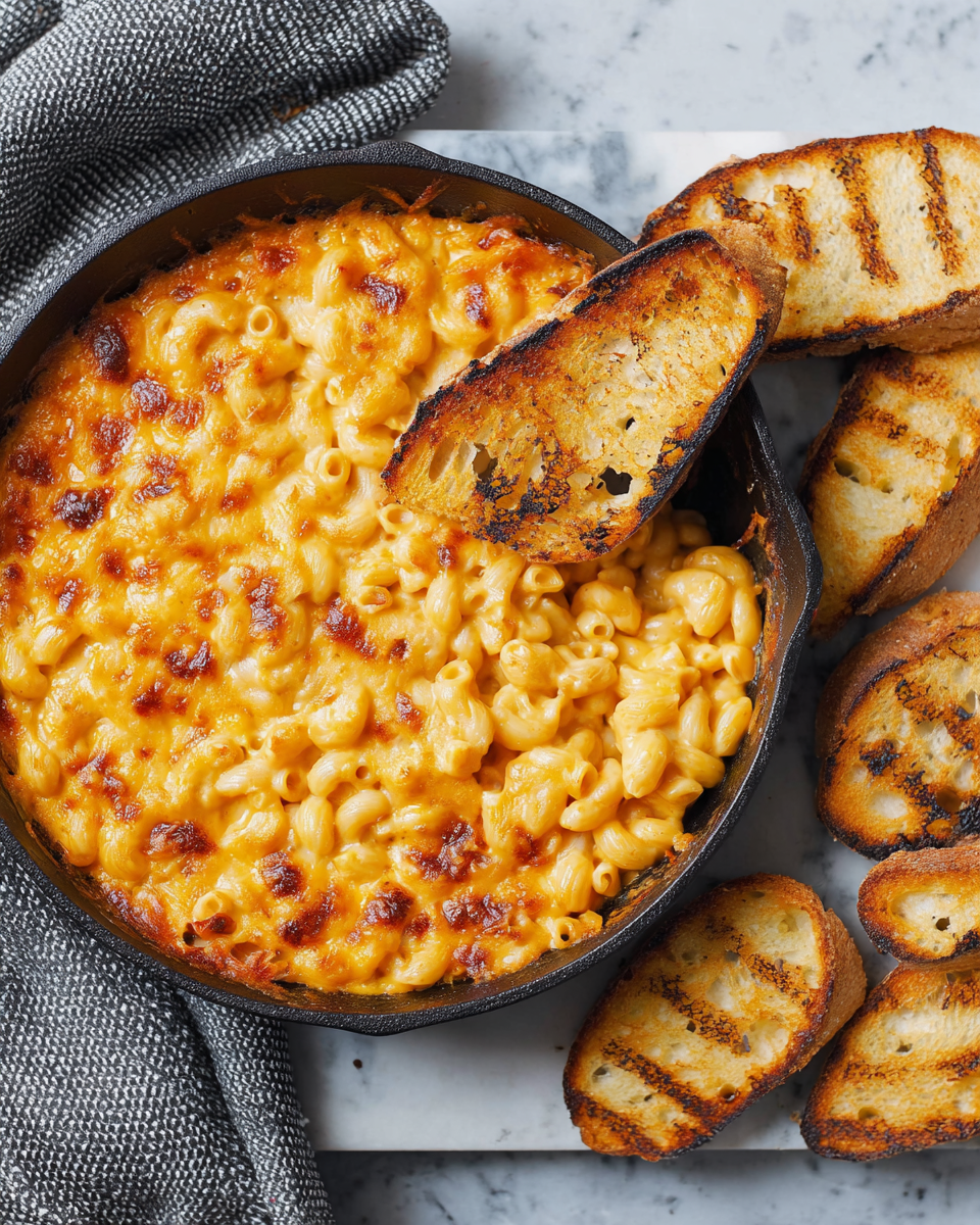 This image shows a black cast iron skillet filled with baked macaroni and cheese. The dish has two main layers: the bottom layer consists of creamy, orange macaroni pasta, and the top layer is golden-brown melted cheese with small browned spots. A grilled slice of bread is dipped into the macaroni on the right side of the skillet, and several more grilled bread slices are arranged next to the skillet. The whole scene is set on a white marbled surface with a grey textured cloth partially visible on the left side. Photo taken with an iphone --ar 4:5 --v 7