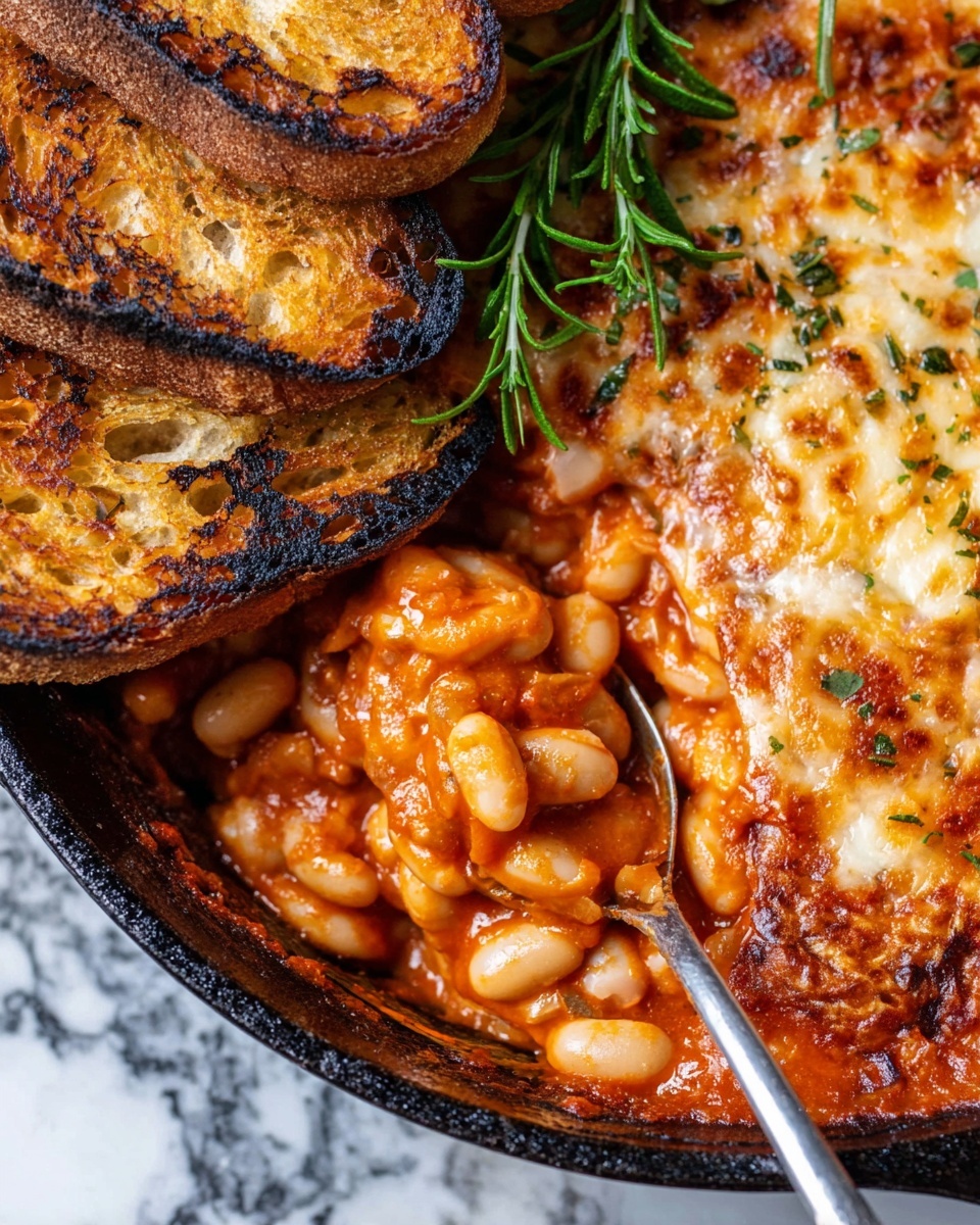 The dish shows a close-up view of baked beans in a rich, thick orange-red tomato sauce with whole white beans clearly visible. To the right is a layer of melted, golden-brown cheese with a slightly crispy texture and hints of herbs sprinkled on top. Above the beans on the left side, there are several slices of toasted bread with a golden crust and some darker char marks, revealing a soft, light interior. A silver spoon scoops some beans from a black cast iron pan, and there is a sprig of fresh green rosemary adding a touch of color on the cheesy layer. The background is a white marbled texture. photo taken with an iphone --ar 4:5 --v 7