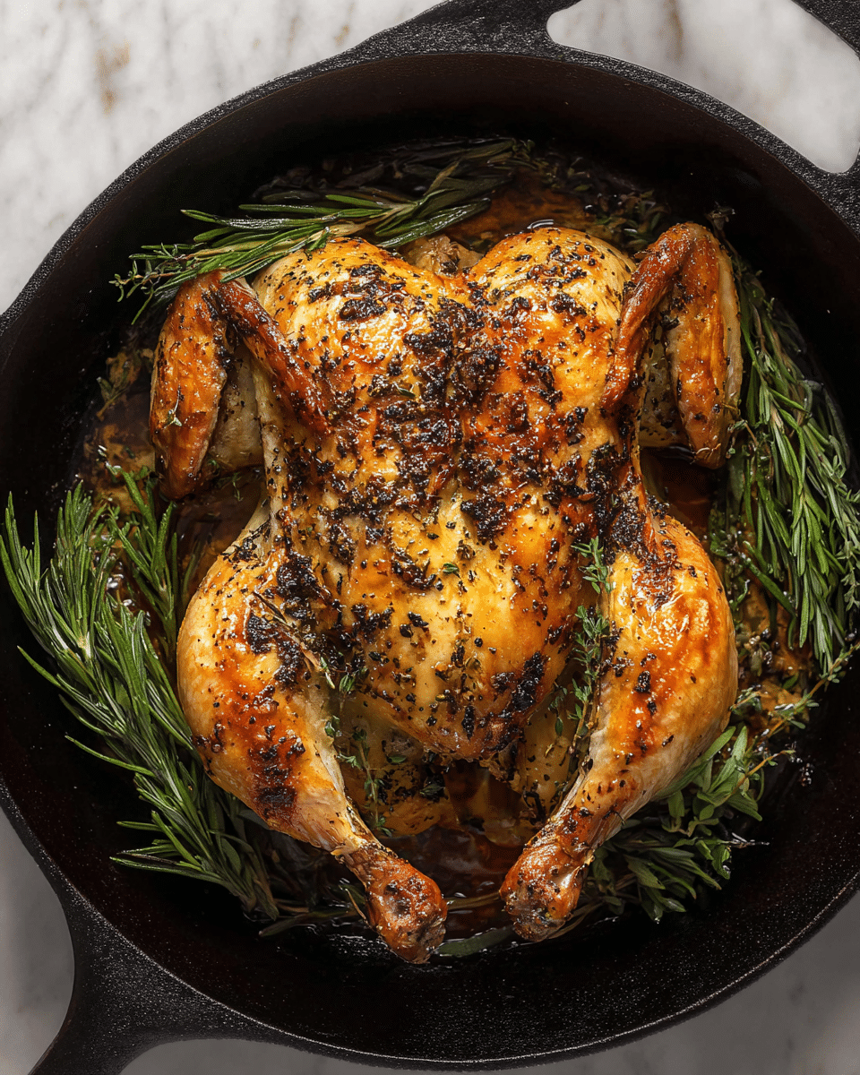A whole roasted chicken lies centered in a black cast iron skillet, showing a rich, glossy brown and golden color with charred spots and crispy skin texture. The chicken's wings and legs are tucked close to the body, and a thin layer of juices and oil pools around the base inside the skillet. The skillet is placed on a white marbled surface that contrasts with the dark pan and warm tones of the chicken. Photo taken with an iphone --ar 4:5 --v 7