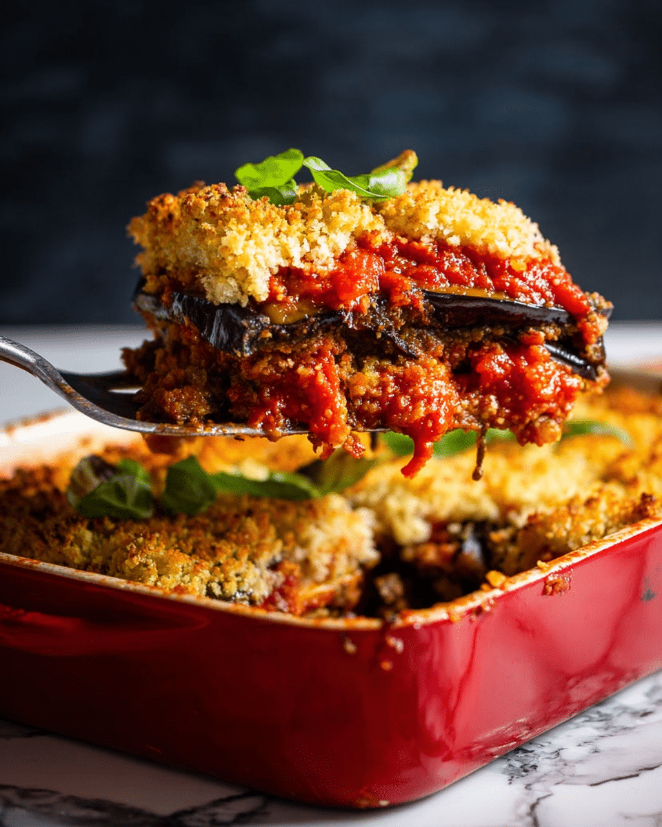 A close-up of a slice of baked eggplant parmesan being lifted by a silver spatula from a red baking dish filled with the dish. The slice has three main layers: the top layer is golden brown bread crumbs with a crispy texture, the middle layer is bright red tomato sauce that looks thick and chunky, and the bottom layer consists of dark purple eggplant slices that are soft and slightly wrinkled. Some fresh green basil leaves are visible on top of the crumbs. The dish sits on a white marbled surface with a dark blurred background. Photo taken with an iphone --ar 4:5 --v 7