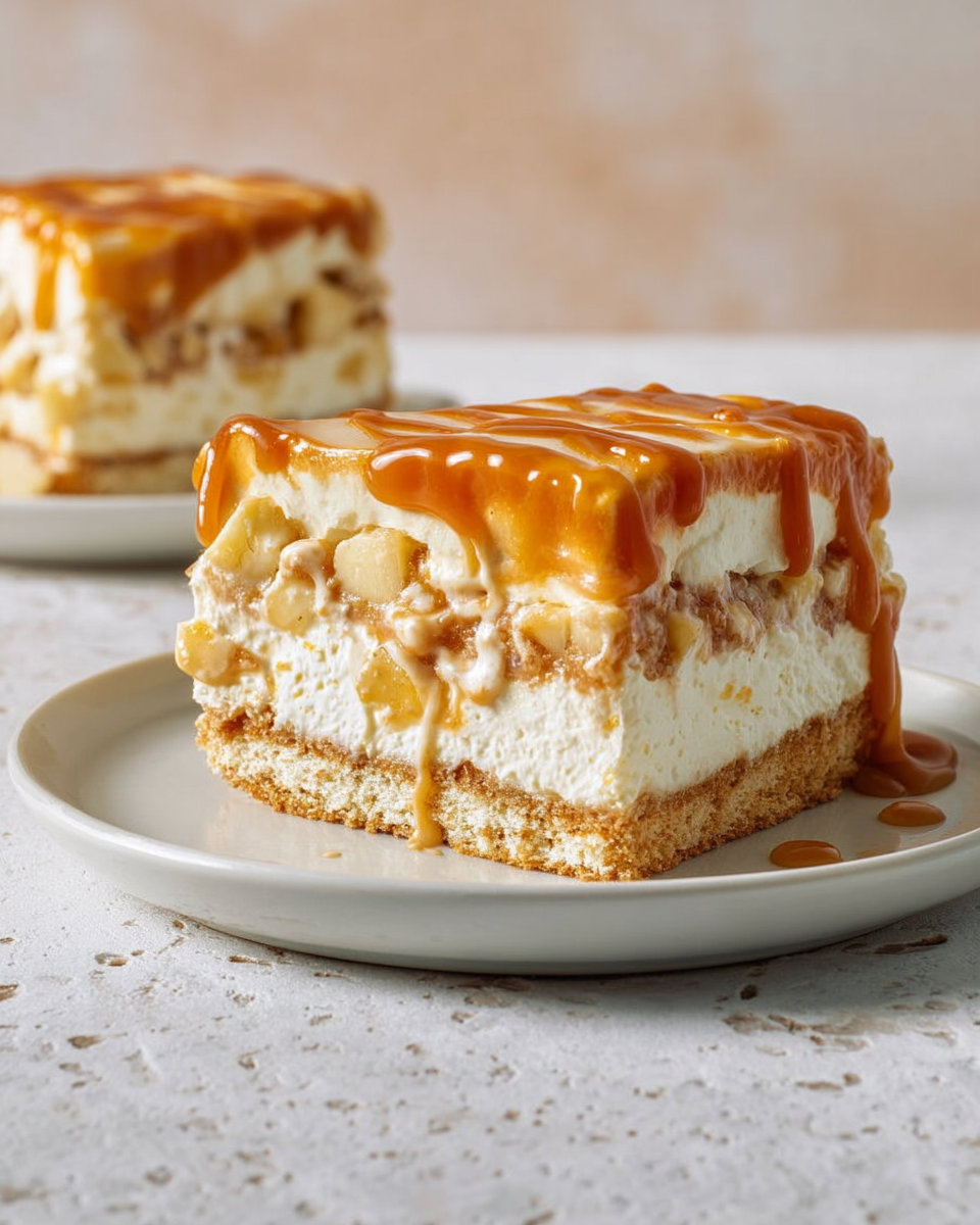The image shows two slices of a creamy dessert on white plates placed on a white marbled surface. Each slice has three layers, starting with a bottom layer of light brown cake with a soft texture. The middle layer is thick and white, made of creamy filling mixed with small chunks of light tan fruit pieces. The top layer consists of a glossy caramel sauce in golden brown that flows slowly down the sides, giving a rich and sticky look. The background is neutral and soft, focusing attention on the dessert. photo taken with an iphone --ar 4:5 --v 7