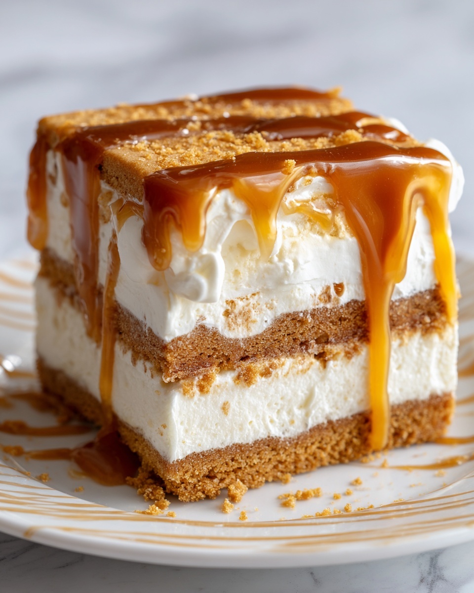 A close-up of a three-layer dessert square on a white plate with a light brown drizzle pattern. The bottom layer is creamy white with a smooth texture, topped by a thick golden brown cookie or biscuit layer in the middle. Above that is another layer of white cream with some visible filling, and the top layer is a golden brown biscuit or cake piece covered with a glossy, amber caramel sauce dripping down the sides. The whole dessert looks soft and moist, sitting on a white marbled surface. photo taken with an iphone --ar 4:5 --v 7