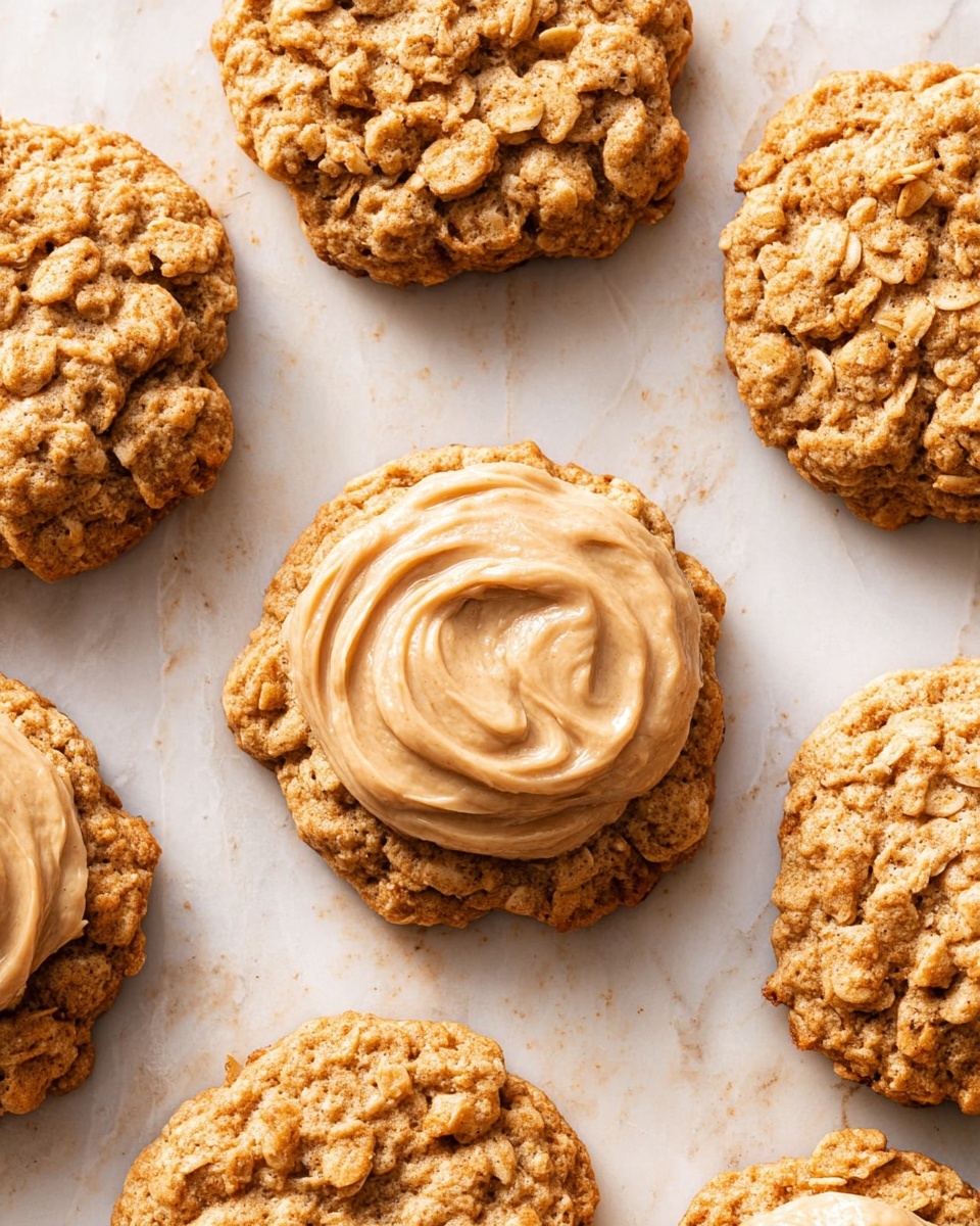 The image shows a stack of round, light brown oatmeal cookies with a textured and cracked surface, placed on a dark blue surface with scattered oats. To the left, some cookies are arranged on a silver cooling rack. In the center, one cookie is broken into two pieces showing a chewy inside. A silver spoon with creamy, light brown peanut butter rests beside the cookies. A white jar with peanut butter is partially visible on the right side. The background is replaced by a white marbled texture. photo taken with an iphone --ar 4:5 --v 7