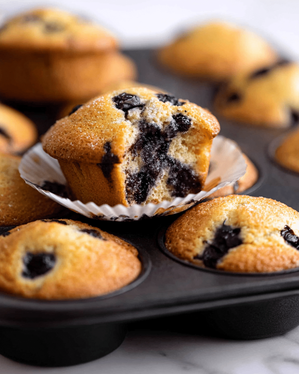 The image shows several golden brown muffins with dark blueberry spots baked in a black muffin tray. One central muffin is slightly lifted out of its white paper liner, showing a soft and moist texture inside with blueberries embedded throughout. The muffins have a slightly cracked top with a rough texture, and the black muffin tray has round slots with some empty spaces visible. The whole scene is set on a white marbled surface, giving a clean and bright look. photo taken with an iphone --ar 4:5 --v 7