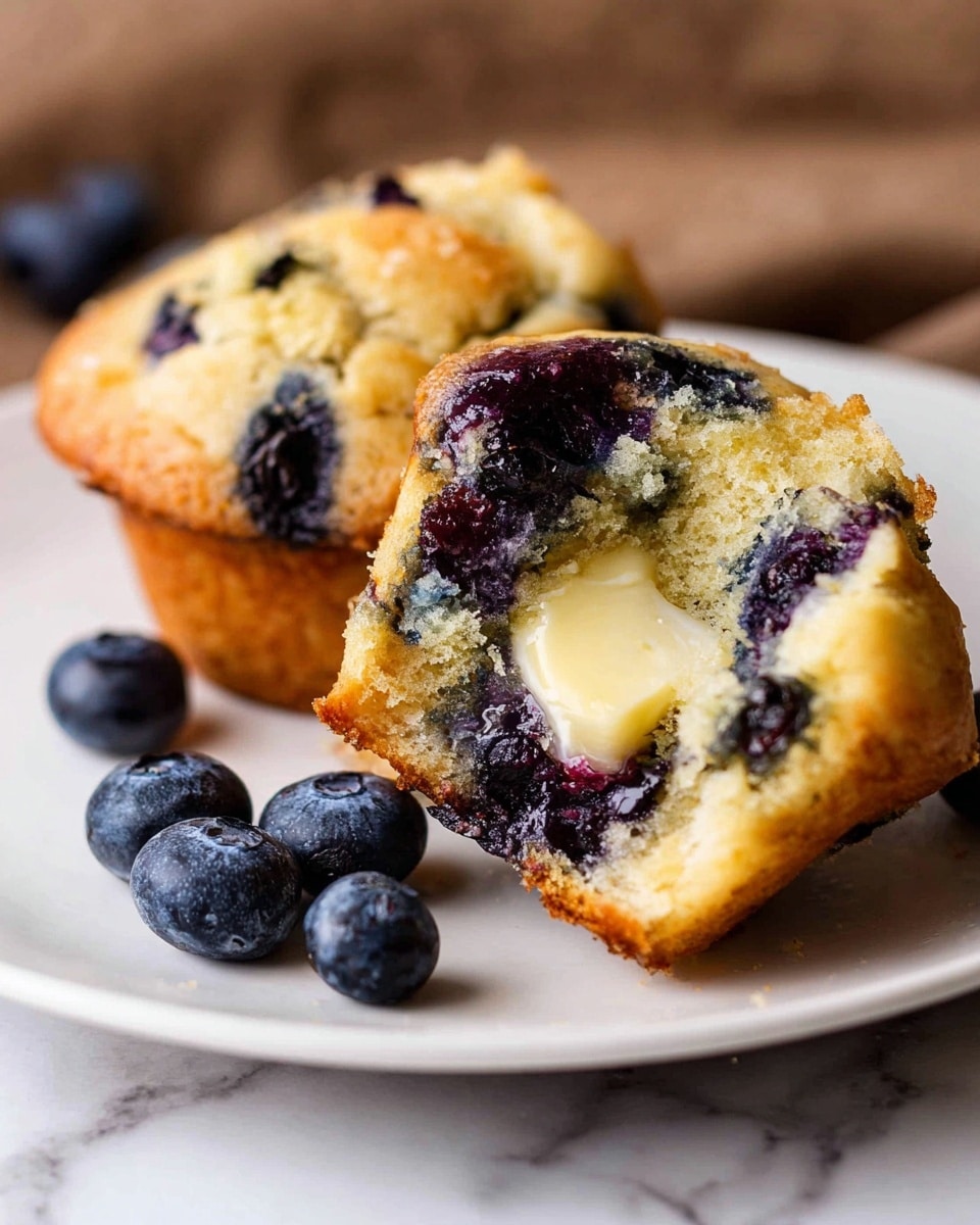 The image shows a white plate with two blueberry muffins, one whole and one cut in half to reveal the inside. The muffins have a golden-brown outer crust and a soft, fluffy interior with scattered dark blue and purple blueberries throughout. The cut muffin's inside shows a small piece of melted pale yellow butter resting near the center among the blueberries. A few loose blueberries are placed on the plate and wooden table around the muffins. The scene is set on a white marbled texture surface. photo taken with an iphone --ar 4:5 --v 7
