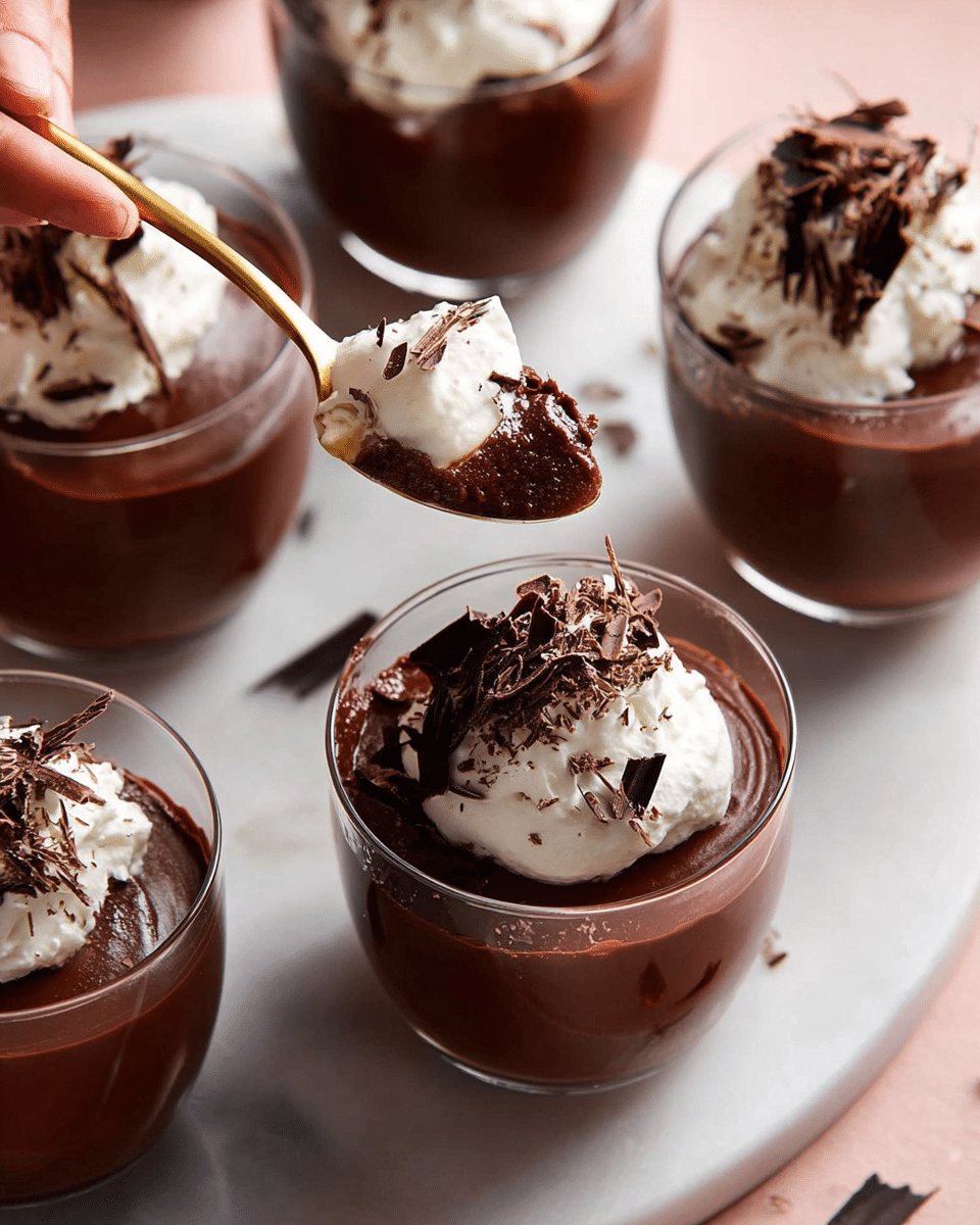 The image shows several clear glass cups filled with two layers of dessert. The bottom layer is rich, dark chocolate pudding, smooth and dense with a shiny surface. On top of each pudding layer is a dollop of white whipped cream, soft and fluffy, adding contrast. The whipped cream is sprinkled with thin, dark chocolate shavings that add texture and detail. One cup features a woman's hand holding a golden spoon with a scoop of the chocolate pudding and whipped cream. All cups rest on a white marbled surface, highlighting the dark and white colors of the dessert. photo taken with an iphone --ar 4:5 --v 7