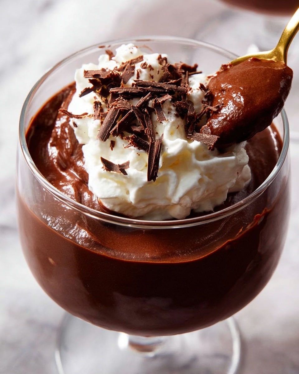 A clear glass cup is filled with two thick layers of smooth dark chocolate mousse topped with a dollop of white whipped cream. The whipped cream is sprinkled with thin, dark chocolate shavings, adding texture and contrast. A gold spoon scoops into the mousse, showing its creamy, rich texture. The glass sits on a white marbled surface. photo taken with an iphone --ar 4:5 --v 7