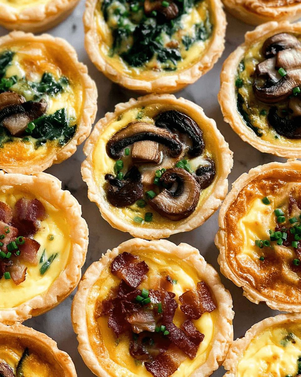 The image shows small round mini quiches with a golden, flaky crust forming the outer layer. Inside, there is a creamy, yellow egg filling, smooth in texture and slightly shiny. On top of several quiches, there are different toppings: some have slices of brown mushrooms with green chives, others have chopped pieces of reddish-brown bacon, and a few have dark green spinach leaves. The quiches are stacked and arranged closely together, filling the frame with their warm colors and varied toppings. The background is a white marbled texture. photo taken with an iphone --ar 4:5 --v 7