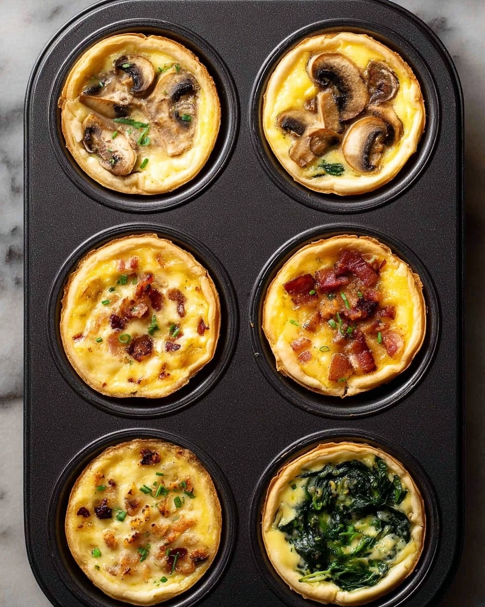 Six mini quiches sit in a black non-stick muffin tray, each in its own round mold. The top left and middle left quiches have a golden crust base, topped with creamy yellow egg filling, sliced light brown mushrooms, and small bits of green herbs sprinkled across. The top right and middle right quiches show a golden crust base with melted cheese and small pieces of browned bacon scattered on top. The bottom left quiche has a similar yellow egg base with small bacon bits and green herbs. The bottom right quiche features a golden crust filled with yellow egg and cooked dark green spinach leaves on top. The tray is set on a white marbled surface. photo taken with an iphone --ar 4:5 --v 7