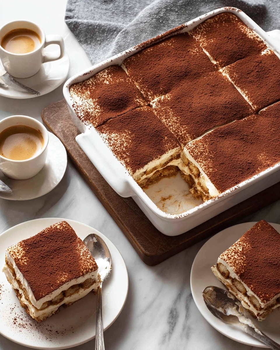A white square baking dish holds a dessert with six visible slices, one slice missing from the bottom right corner, showing three layers: a light creamy layer, a brown coffee-soaked biscuit layer in the middle, and another creamy layer on top, all dusted evenly with dark brown cocoa powder. Two white plates each hold a slice of the dessert, revealing the same layers and cocoa powder topping, with a silver spoon beside one plate. There is a cup of coffee with light tan crema next to the dish on a white marbled surface with a gray cloth nearby. photo taken with an iphone --ar 4:5 --v 7