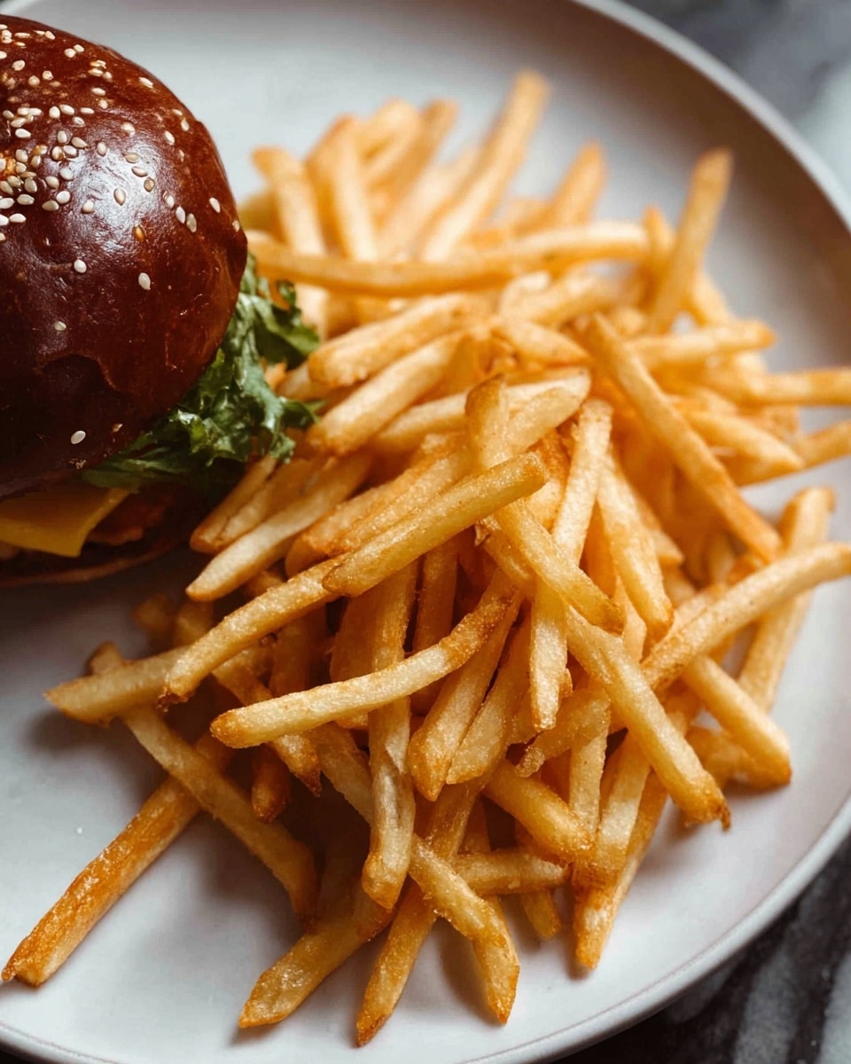 A close-up image of a white plate filled mostly with thin, golden brown French fries that have a light sprinkling of salt. On the left side of the plate, there is a burger with a shiny, dark brown sesame seed bun, and some green lettuce peeking out from underneath the bun. The texture of the fries looks crispy and they are piled high next to the burger. The plate sits on a white marbled surface. photo taken with an iphone --ar 4:5 --v 7