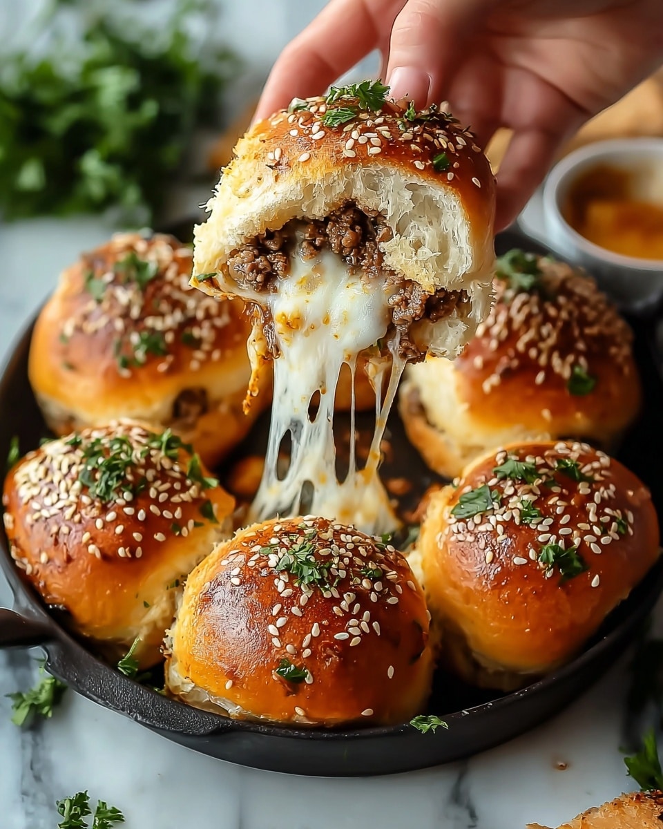A close-up shows a woman's hand holding half of a soft, golden brown bun with white sesame seeds and green parsley on top. Inside the bun, there is a layer of melted white and orange cheese mixed with browned ground beef. Cheese strands stretch from the bun to the rest of the sandwich below. In the background, several whole buns with the same golden tops sprinkled with sesame seeds and parsley sit in a black dish on a white marbled surface. Some green herbs are scattered around, adding fresh color. Photo taken with an iphone --ar 4:5 --v 7