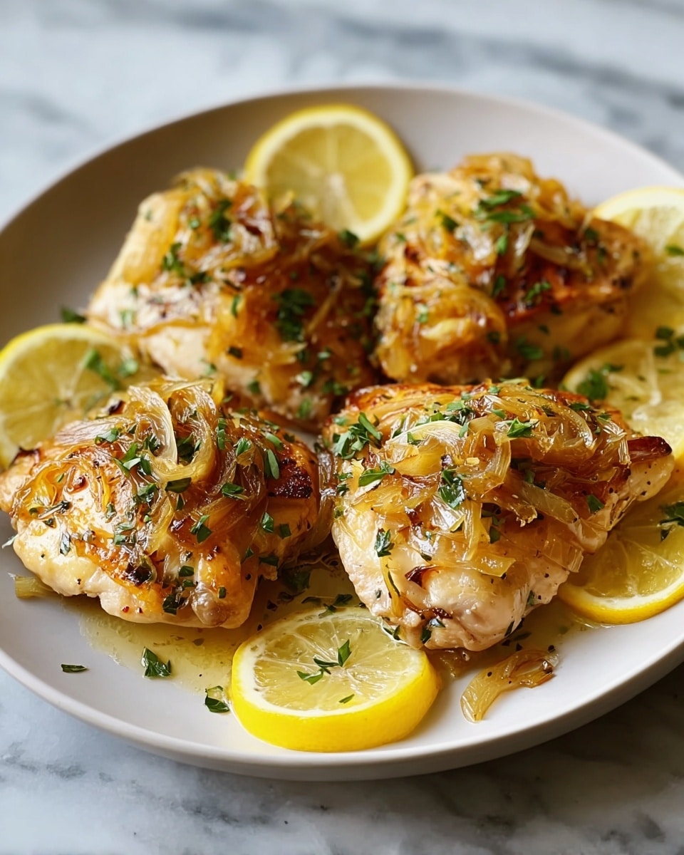 The image shows a white plate holding four pieces of cooked chicken topped with a golden layer of sautéed onions and sprinkled with small green herb pieces. Around the chicken, there are thin lemon slices adding bright yellow accents. The chicken skin is browned and slightly shiny, hinting at a juicy texture beneath. The plate sits on a white marbled surface that adds a clean, light background to the warm colors of the dish. Photo taken with an iphone --ar 4:5 --v 7