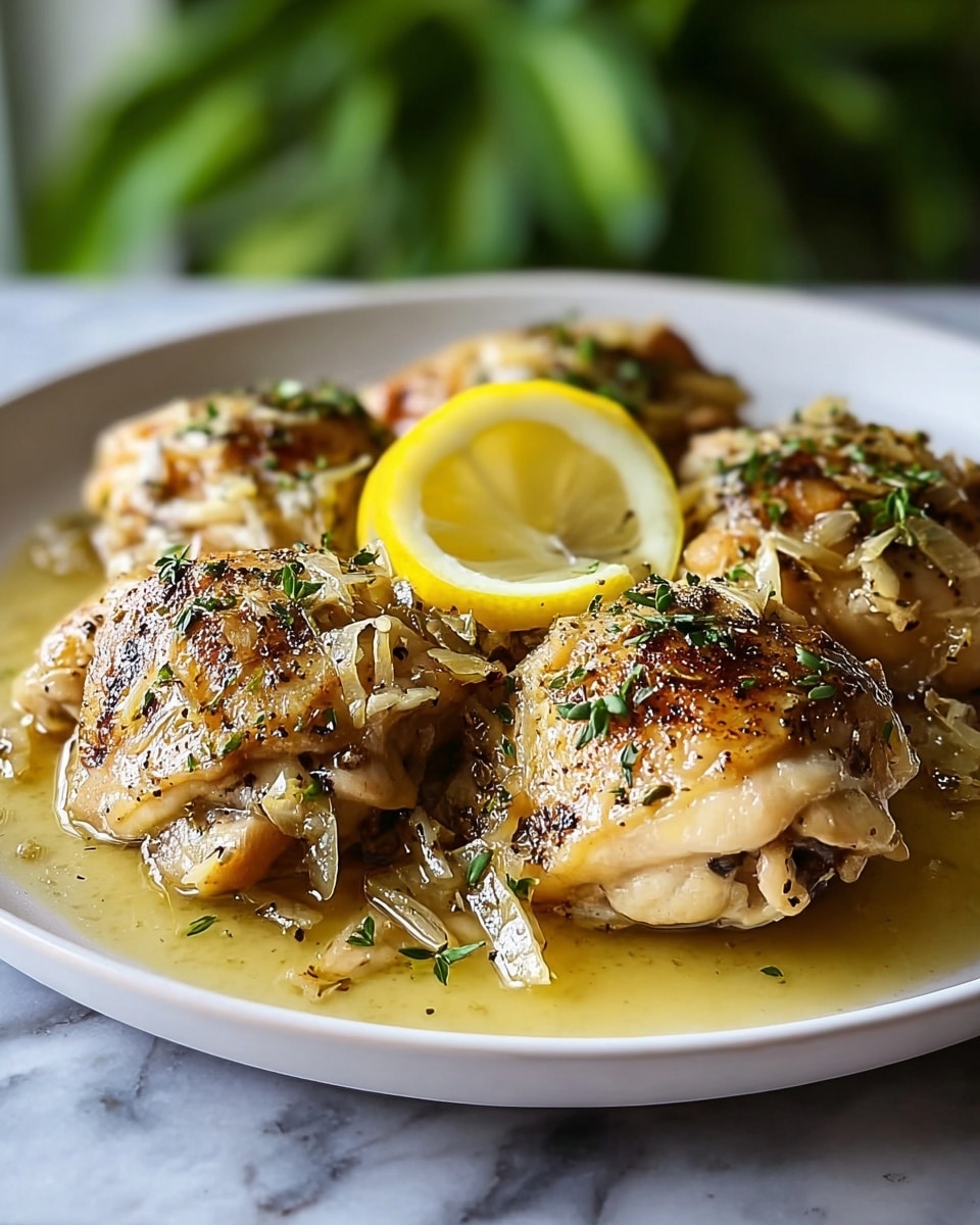 The dish shows four cooked chicken thighs placed on a white plate with a shallow pool of light golden sauce underneath. Each chicken thigh has a browned, slightly crispy skin with visible black pepper seasoning and a few pieces of soft cooked onions scattered on top. There are two slices of lemon placed on the chicken in the middle layer, adding a fresh yellow contrast to the dish. Small bits of green herbs are sprinkled over the chicken, giving a light touch of color. The plate is sitting on a white marbled surface with blurred green plants in the background. photo taken with an iphone --ar 4:5 --v 7