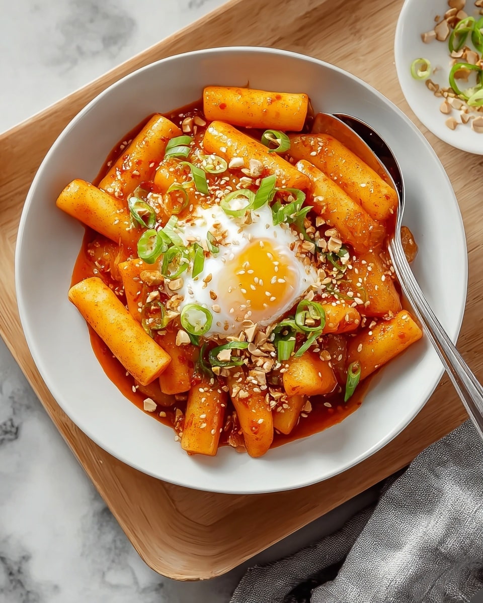 The image shows a white bowl filled with bright orange cylindrical rice cakes coated in a glossy, spicy red sauce. The dish is topped with a soft-cooked egg in the center, its white and yolk visible. Green slices of scallions and round pieces of green chili peppers are sprinkled on top, along with small white sesame seeds and chopped nuts, adding texture and color contrast. A silver spoon rests inside the bowl on the right side. The bowl is placed on a light wooden tray over a white marbled surface with a grey cloth partially visible on the bottom right. Photo taken with an iphone --ar 4:5 --v 7