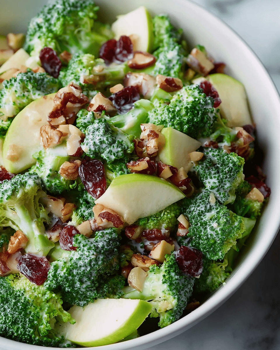 A close-up view of a fresh broccoli salad in a white bowl, showing multiple layers and textures. The first layer has bright green broccoli florets with a rough texture, mixed with pale green apple slices cut into small wedges, each with a smooth surface. Scattered on top are small pieces of chopped nuts, some light brown and some darker, giving a rough and crunchy look. Mixed in are small dried red cranberries, adding a deep red color and a chewy texture. The salad is lightly dressed with a creamy white sauce visible on the broccoli and apples, giving a slight shine. The bowl is placed on a white marbled surface. photo taken with an iphone --ar 4:5 --v 7