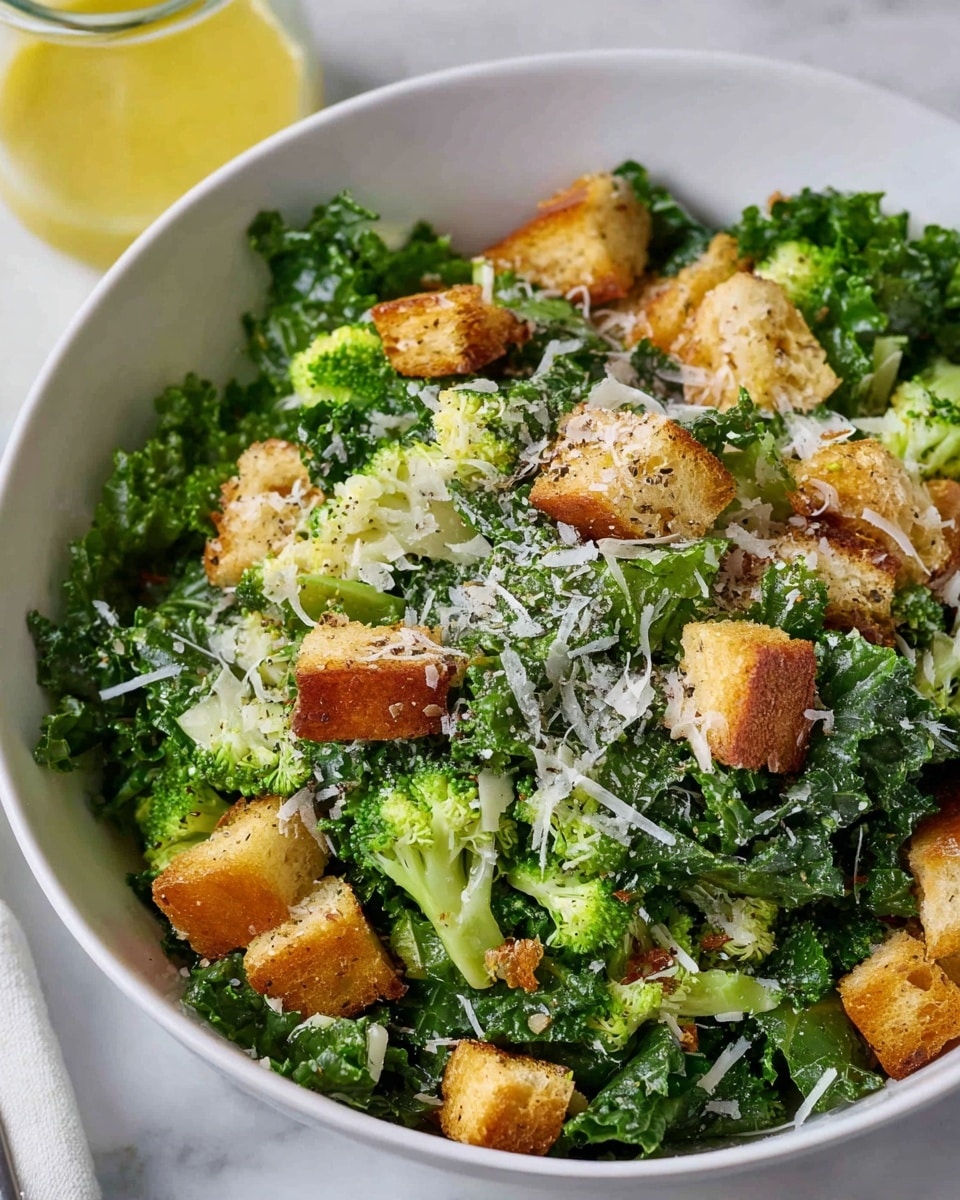 A white bowl filled with a fresh green salad that has two main layers: chopped dark green kale leaves and bright green broccoli florets mixed throughout. On top, there is a layer of golden brown crunchy croutons scattered unevenly. The salad is covered with a light sprinkling of finely grated white cheese and a shake of black pepper. The bowl sits on a white marbled surface, with a glass jar of yellow dressing nearby. Photo taken with an iphone --ar 4:5 --v 7