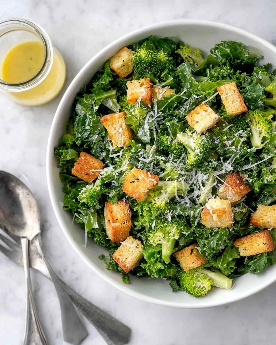 A white bowl is filled with a fresh green salad made of chopped kale and broccoli florets, sprinkled evenly with small golden brown croutons and finely grated white cheese on top. The texture of the greens looks crisp, and the croutons add a crunchy contrast. Next to the bowl, there is a small glass jar with a silver spoon inside, containing a yellowish salad dressing. The whole scene is set on a white marbled surface, with a silver spoon and fork placed nearby. photo taken with an iphone --ar 4:5 --v 7